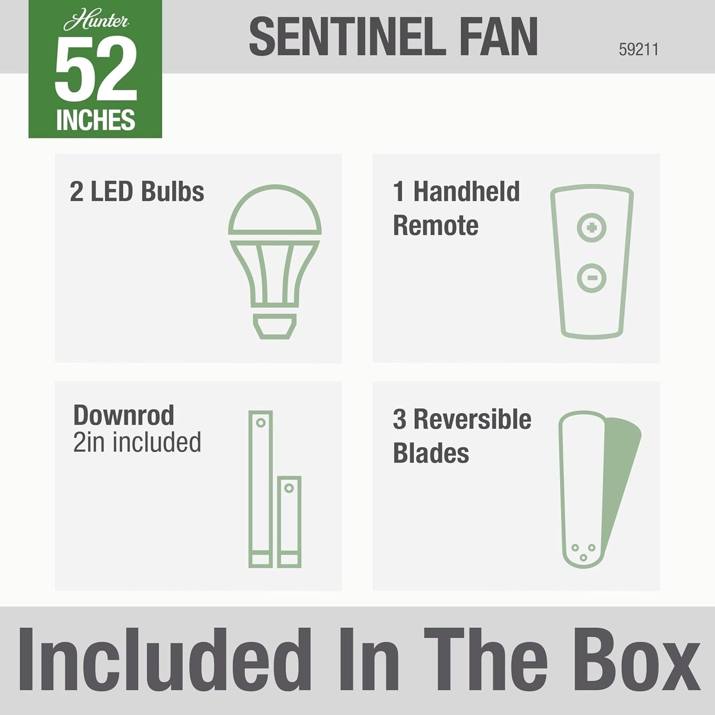 Hunter 52 inch Indoor Ceiling Fan with LED Light and Remote Control - Standard Mount Ceiling Fan, 3 Blades, For Bedroom, Living Room, or Kitchen - Sentinel 59211, Brushed Slate