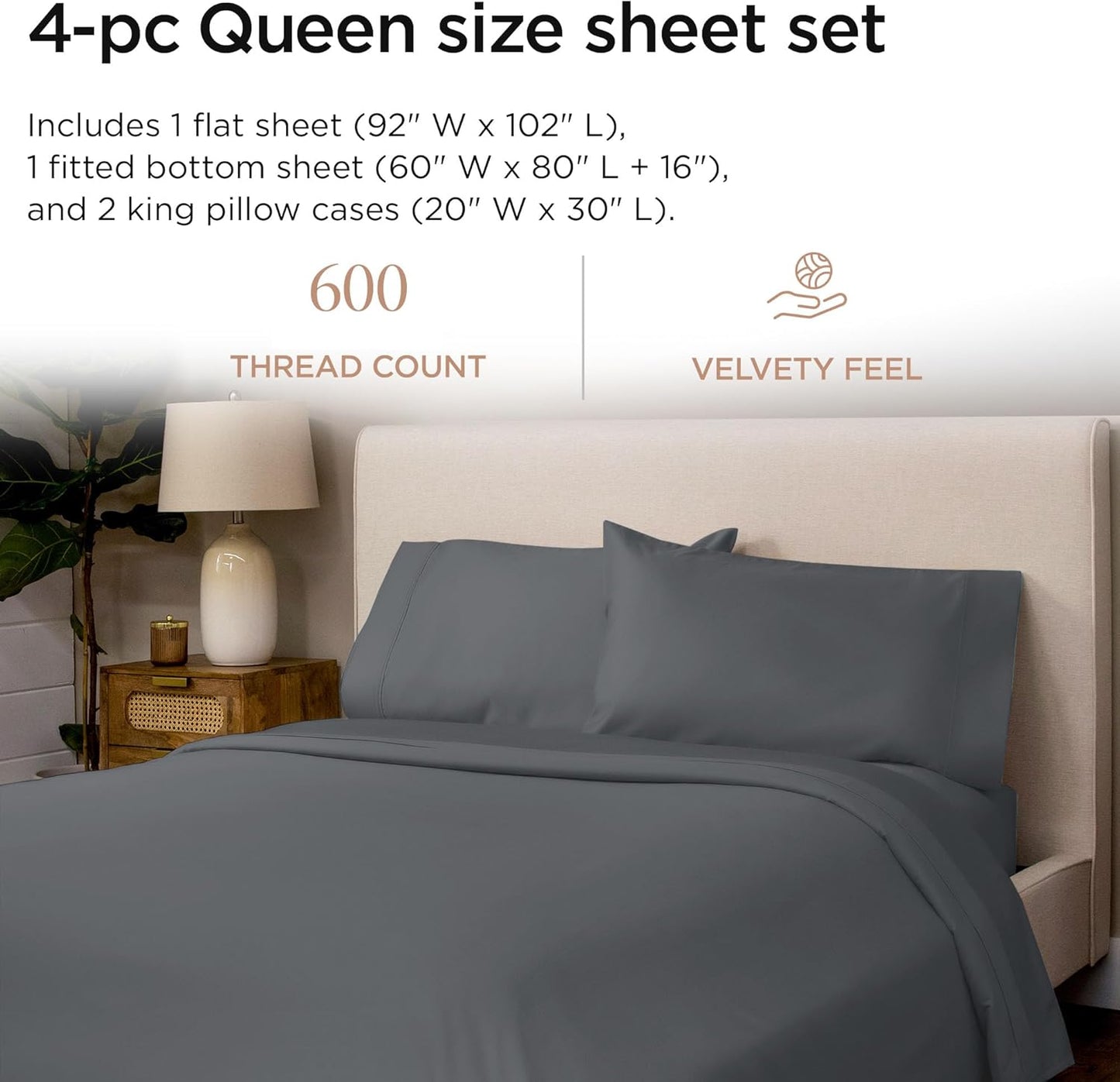 Threadmill 100% Cotton Sheets for Queen Size Bed - 600 Thread Count Queen Bed Sheets Set with 16” Deep Pocket - Sateen Weave 4-Piece Bedding Set with Cooling Effect, Dark Grey