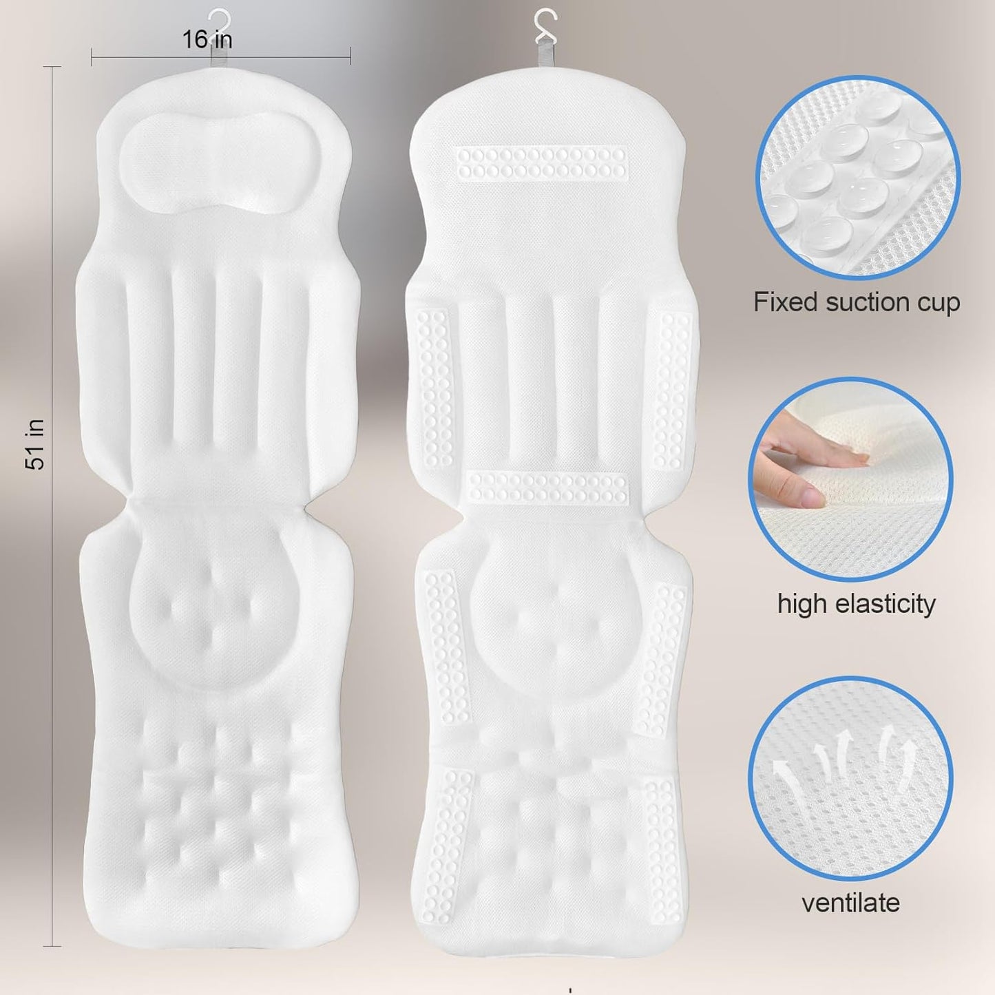 Full Body Bath Pillow 51" X 16" Bath Pillows for Tub Soft 5d Mesh Spa Cushion for Full Body Bath Pillow, Thick Bath Cushion Luxury Pressure Relief for Neck, Waist, Hip Support, Spa Accessories
