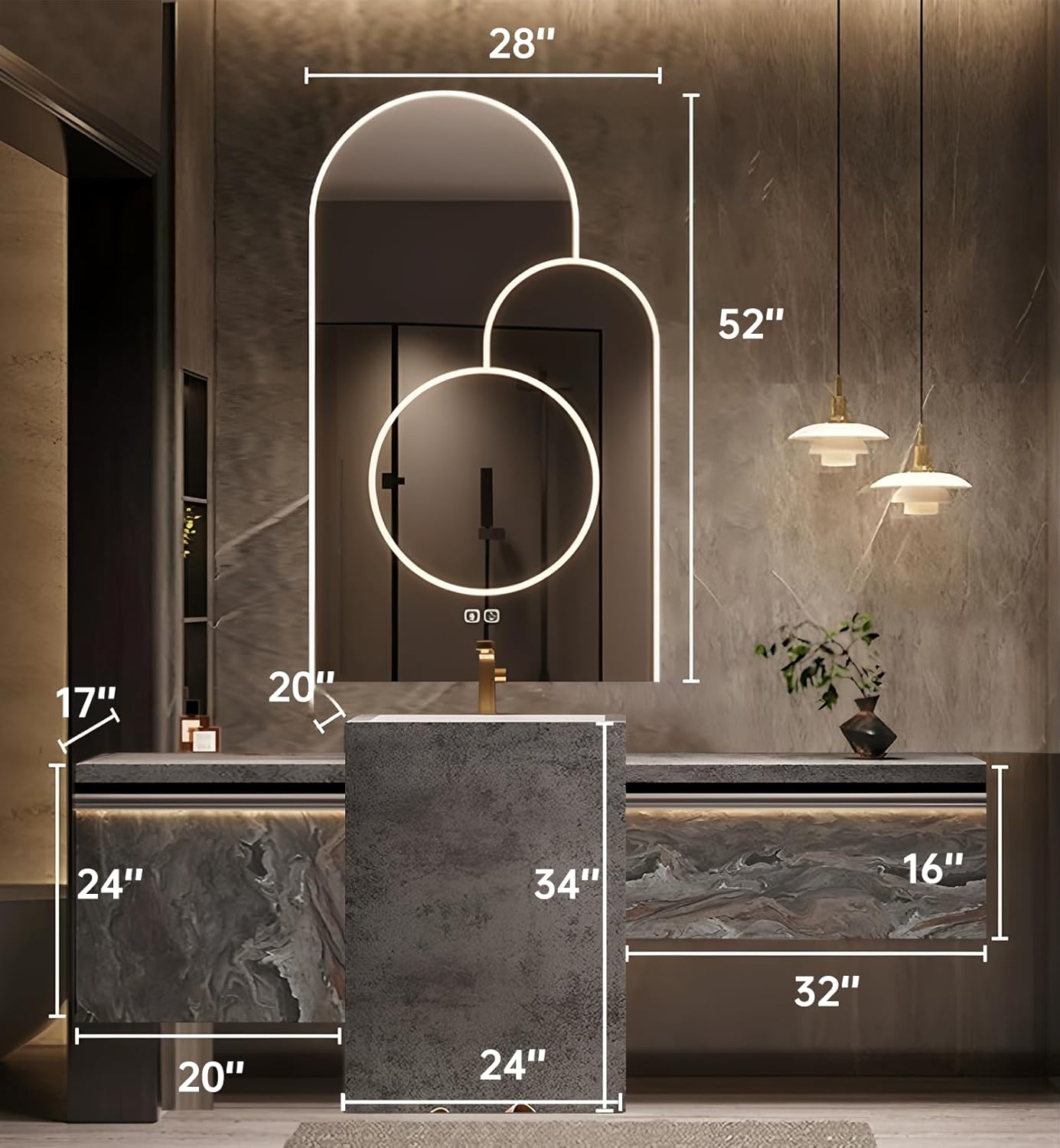 Single Sink Freestanding Bath Vanity, Modern Bath Vanity with LED Smart Mirror, 76IN Solid Wood Floating Bathroom Sink Cabinet with Marble Slate Top and Large Storage Drawer