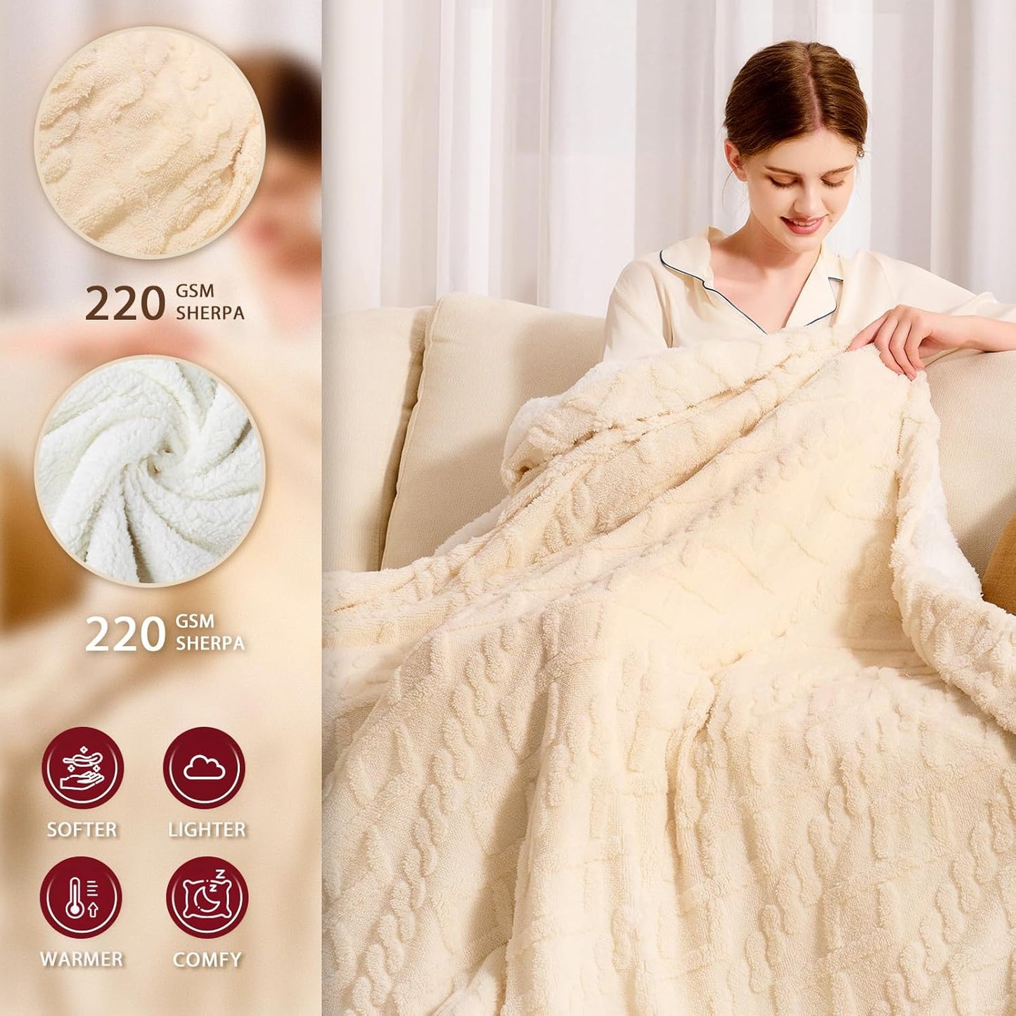 Heated Electric Blanket Twin Size-62"x84" Heating Blanket with 10 Heating Levels & 5 Time Settings Over-Heat Protection，Winter Warmer for Adults with ETL Certification（Cream）