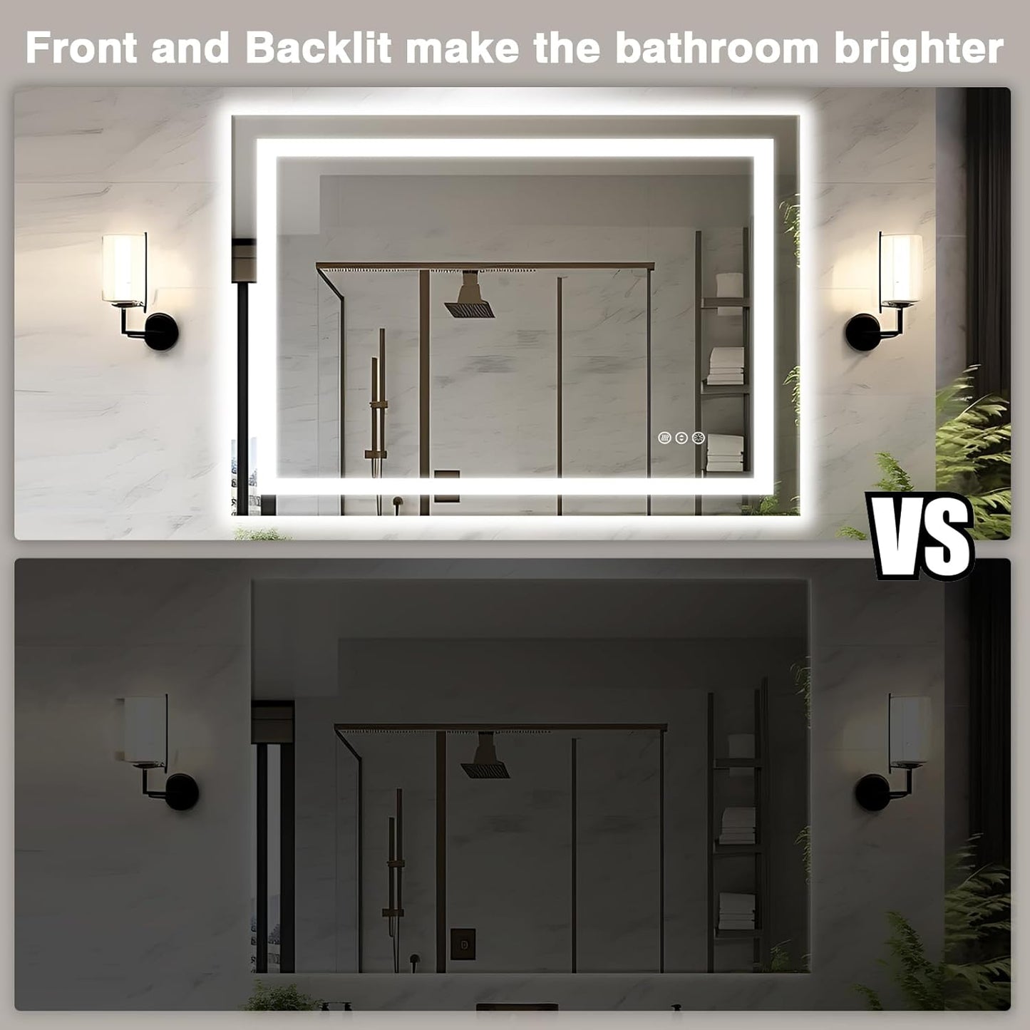 48"x36" LED Bathroom Mirrors for Wall, Front and Backlit Mirror, Anti-Fog Vanity Mirror with Lights, Stepless Dimmable Lighted Mirror, 3 Colors Smart Mirror (Horizontal/Vertical)