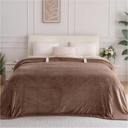 Electric Blanket Queen Size, Ultra Soft Flannel Heated Blanket for Full Body, Dual Control Heating Blankets with 10 Hours Automatic Shut Off, 8 Heating Levels, Washable, Double Zone, 84" x 90" Brown