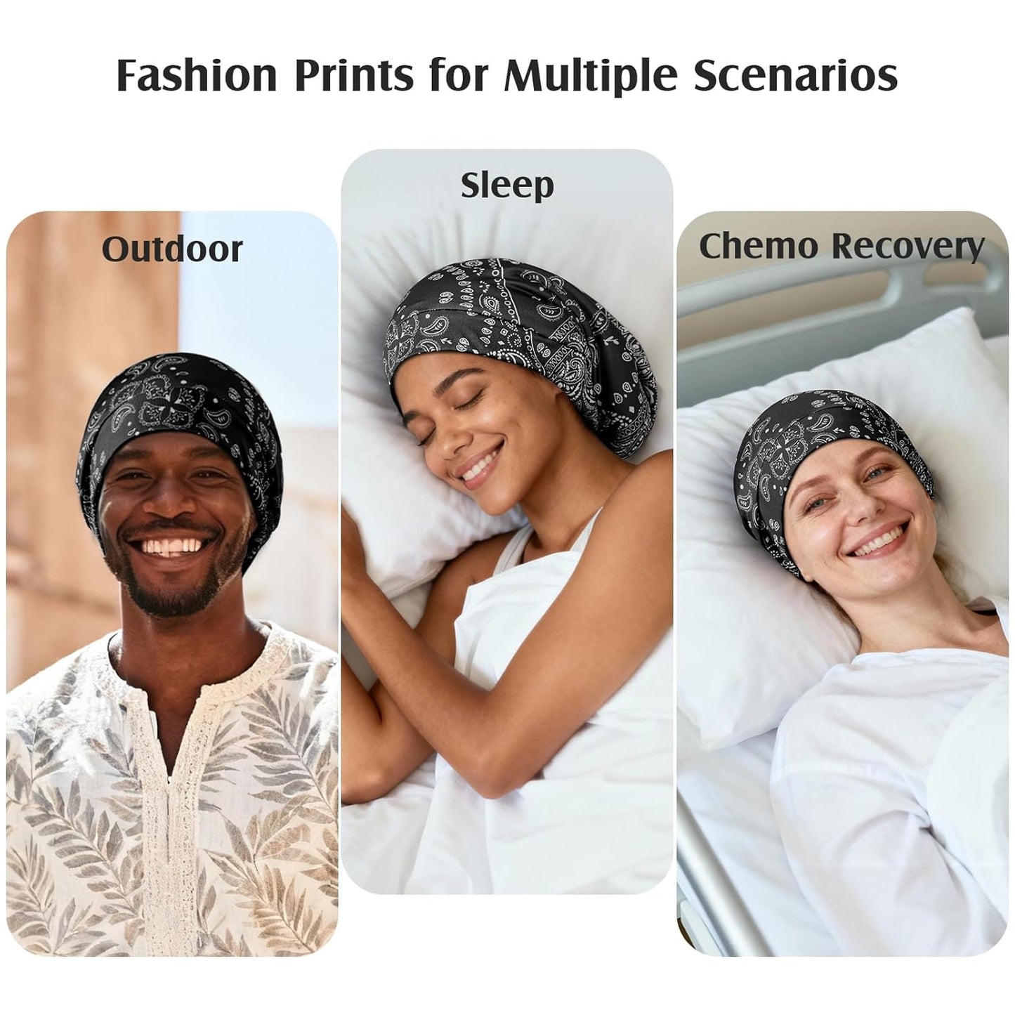 YFONG Print Pure Silk Lined Beanies for Women & Men, 22 MM Mulberry Silk Bonnet for Sleeping, Chemo Headwear, Adjustable Stay on Slouchy Hat Cap for Curly Long Hair & Braids, Black