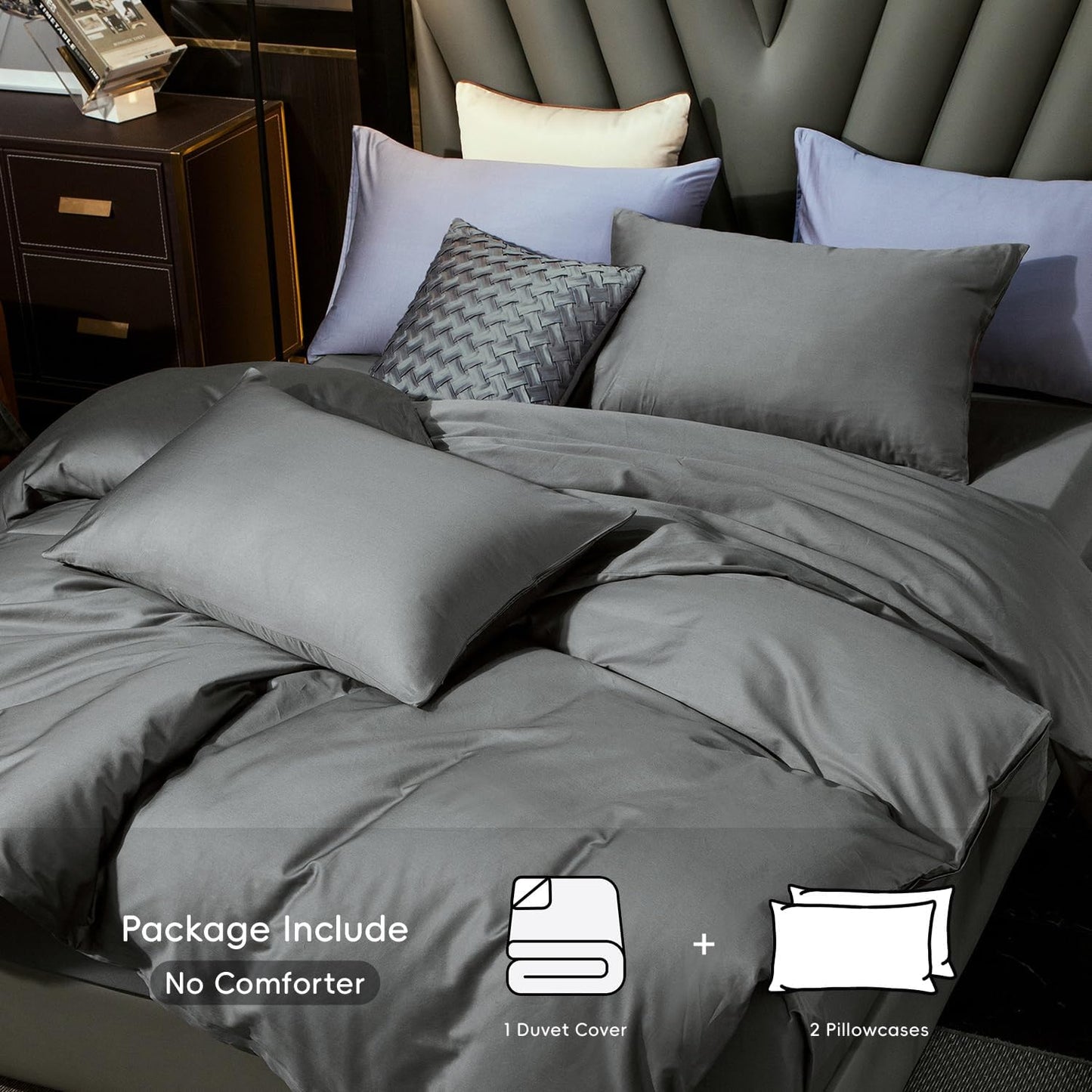 MooMee Duvet Cover Set 100% Extra Long Staple Cotton 600 Thread Count Silky Sateen Smooth Luxury Soft Breathable Durable Hotel Quality Bedding, 3 Piecess (Dark Gray, Oversized King 120"x98")