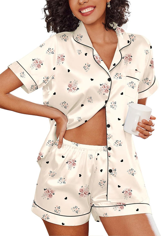 Ekouaer Women's Silk Satin Pajama Set Short Sleeve Pjs Shorts Set Comfy Button Down 2 Piece Sleepwear Loungewear