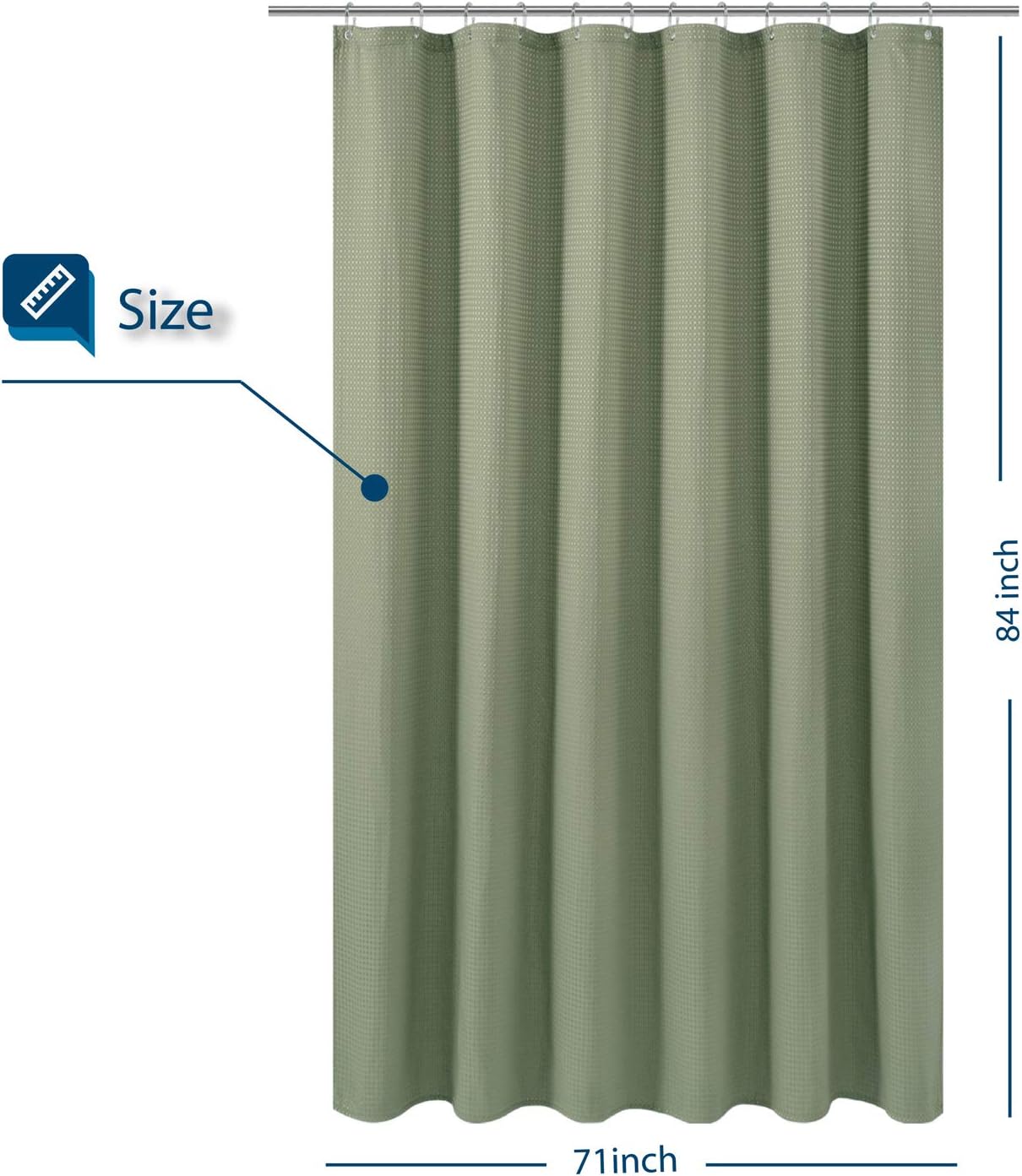 Barossa Design Extra Long Fabric Waffle Weave Shower Curtain 84 inch Height, Hotel Luxury Spa, Water Repellent, 230gsm Heavy Duty, Machine Washable, Sage Green Pique Pattern, 71x84