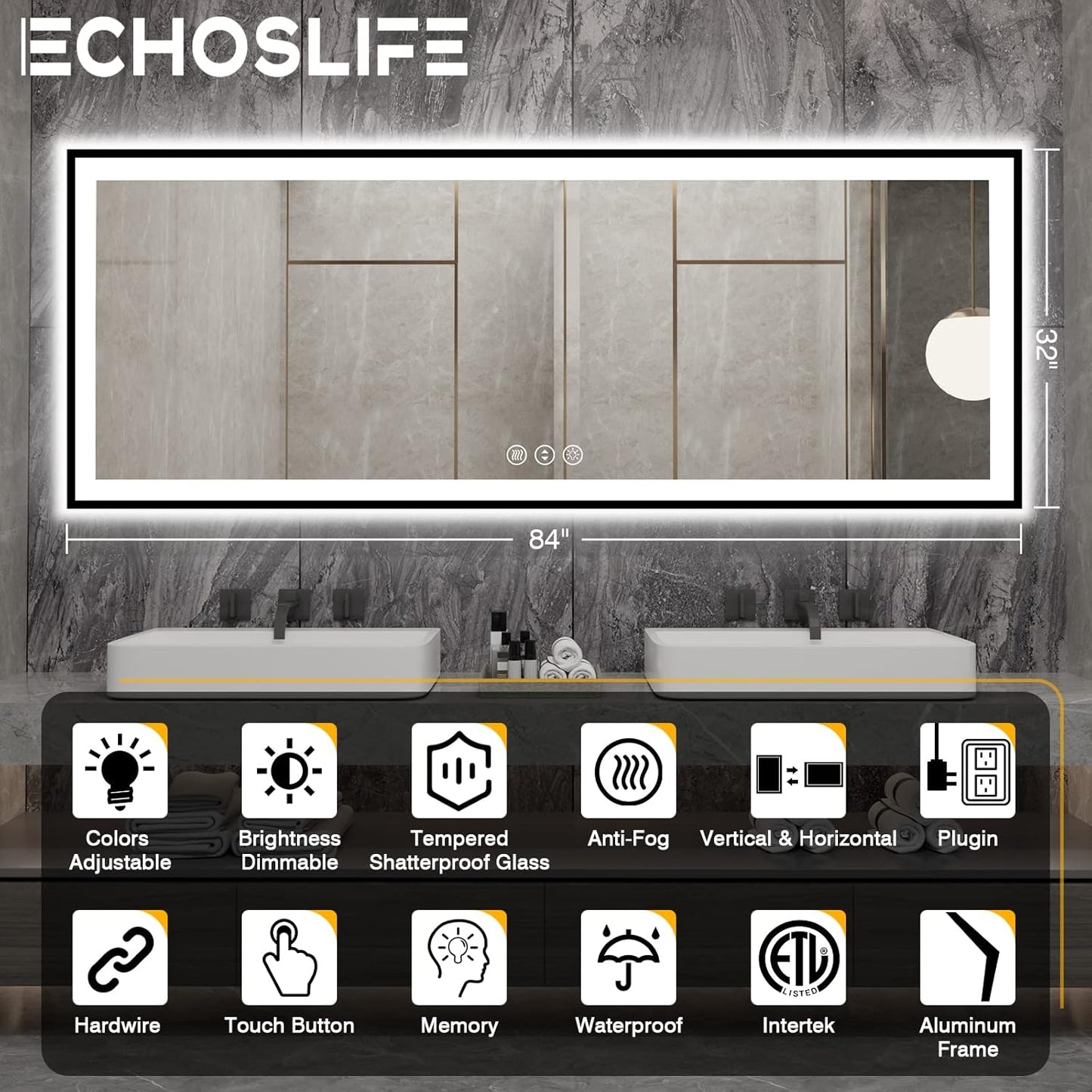 Large LED Bathroom Mirror - Black Aluminum Framed, Anti-Fog, Stepless Dimmable, 3 Colors Smart Mirror (Horizontal/Vertical)