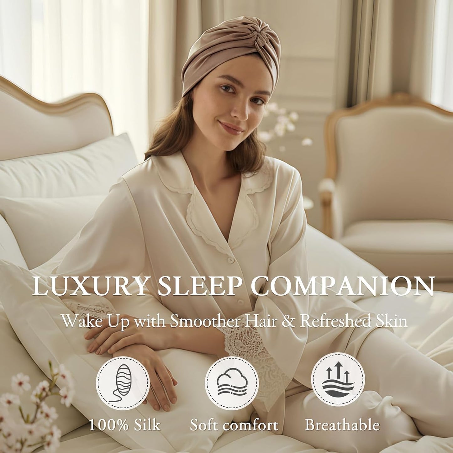 100% Mulberry Silk Bonnet for Sleeping, Adjustable Tie Closure for Women, Breathable Hair Wrap for Hair Protection