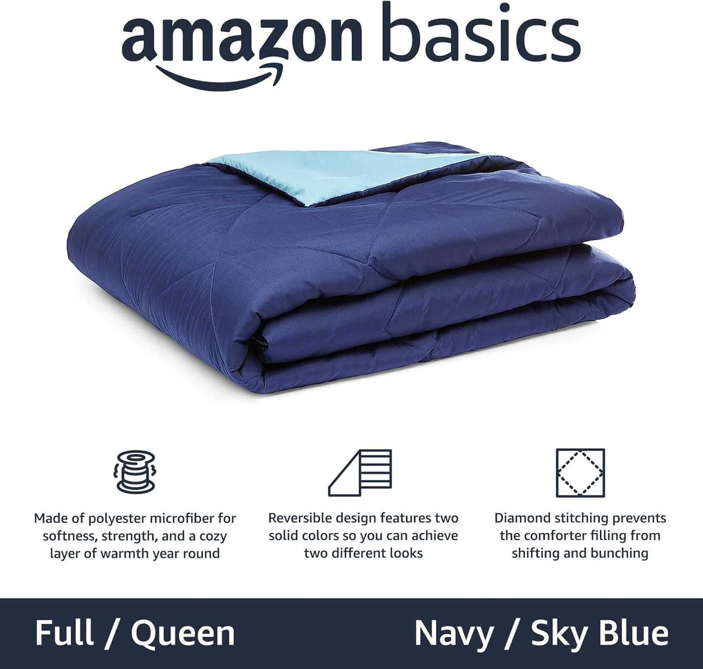 Amazon Basics Comforter Blanket Full/Queen, Reversible Lightweight Microfiber All Season Blanket, Navy/Sky Blue