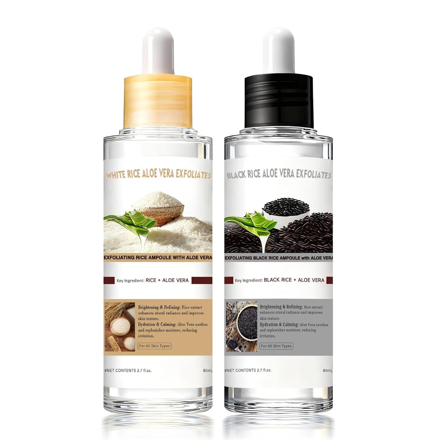 Aloe Vera Glow Black and White Rice Ampoule Duo, White & Black Rice Exfoliant Face and Body Scrub with Aloe Vera & Rice Extract，Moderate Exfoliating Facial Gel for All Skin Types