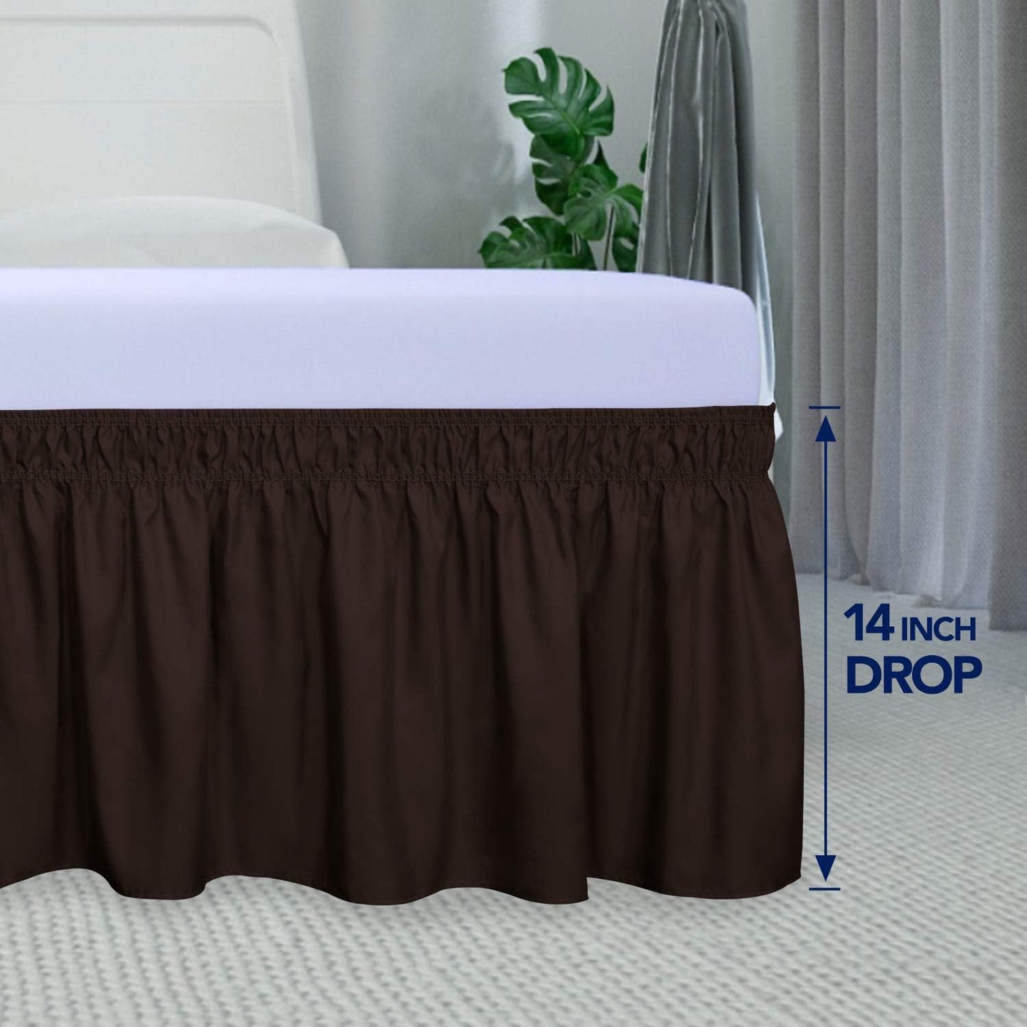 PureFit Wrap Around Ruffled Bed Skirt with Adjustable Elastic Belt - 14 Inch Drop Easy to Put On, Wrinkle Free Bedskirt Dust Ruffles, Bed Frame Cover for Twin,Twin XL and Full Size Beds, Chocolate