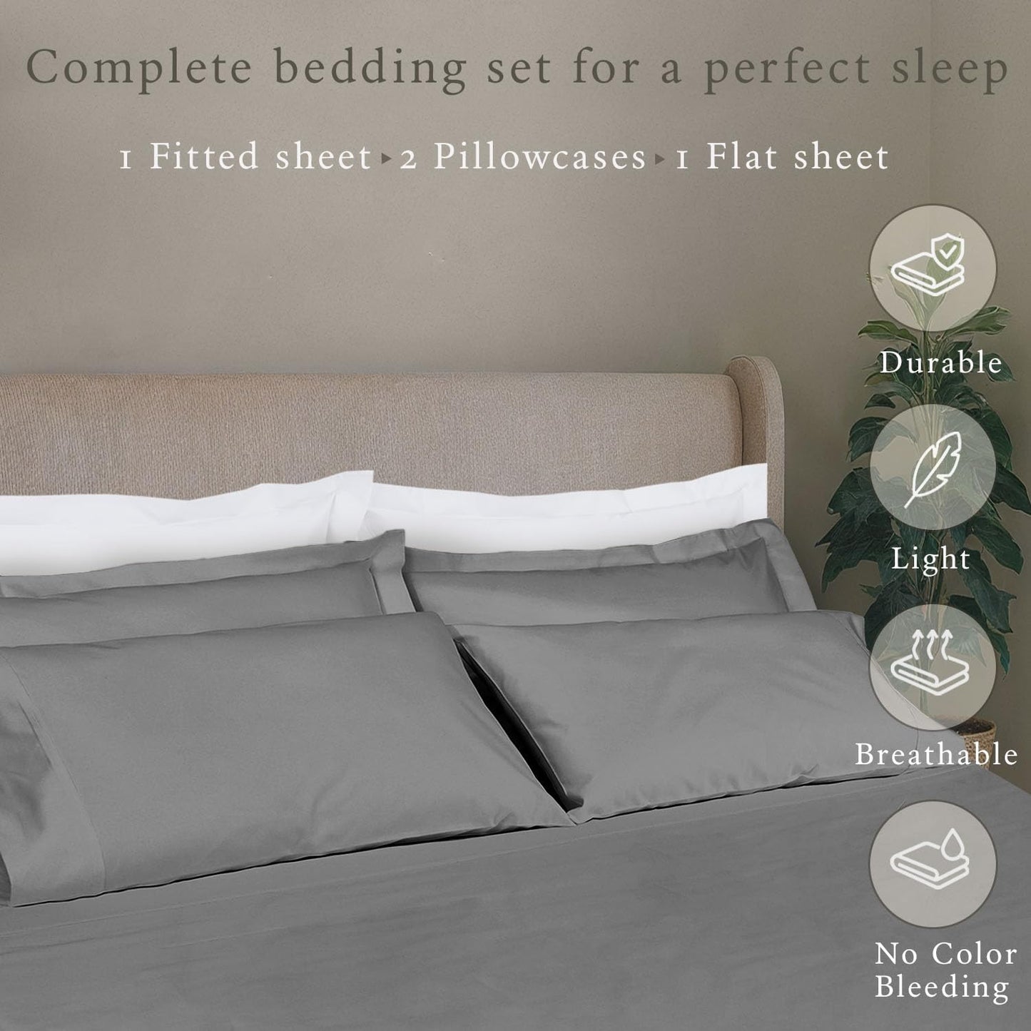 Threadmill 100% Cotton Deep Pocket/Soft/Fade Resistance, 500 Thread Count, Solid 4-Piece Bed Sheet Set (1 Flat, 1 Fitted Sheet, 2 Pillow Covers), Full, Dark Gray