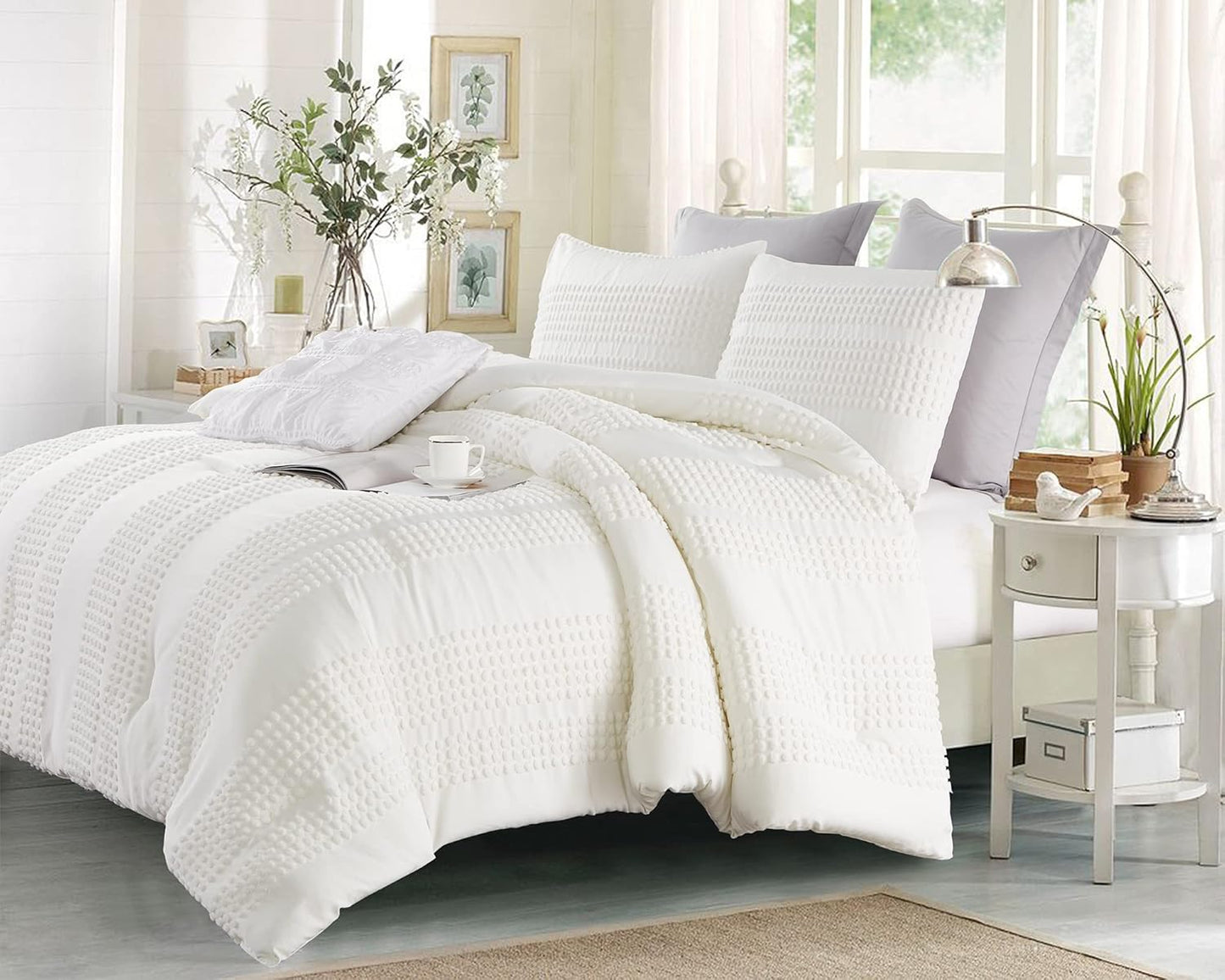 Cupocupa King Size Comforter Set;White Comforter Boho Tufted Lightweight Bedding Sets 3PCS Pom Pom Comforter Soft Jacquard with 2 Pillow Cases for All Season