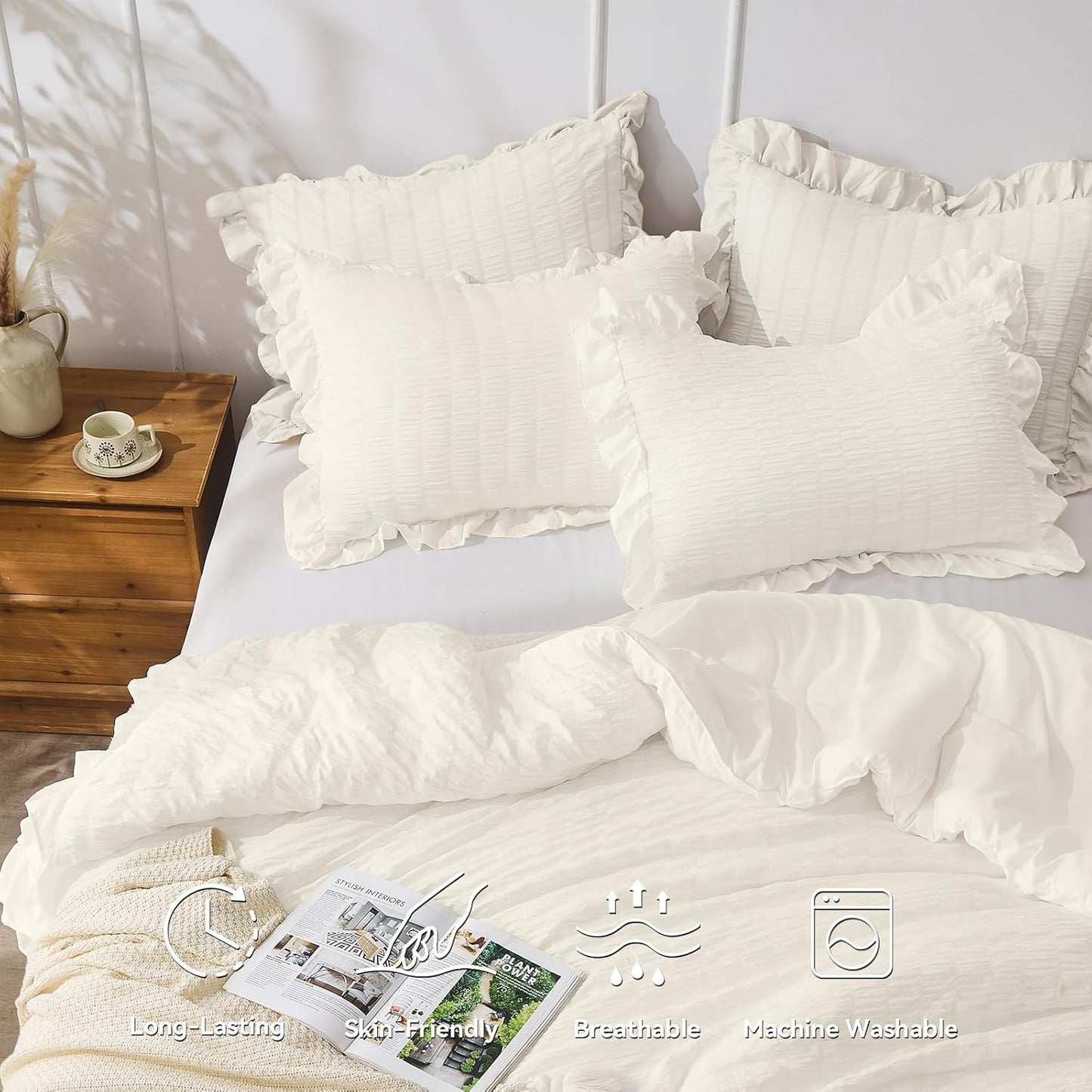 JOLLYVOGUE Ivory King Comforter Set, 3 Pieces Seersucker Comforters King Size, Lightweight & Fluffy Bedding Sets King for All Season with 1 Ruffle Comforter and 2 Ruffle Pillowshams
