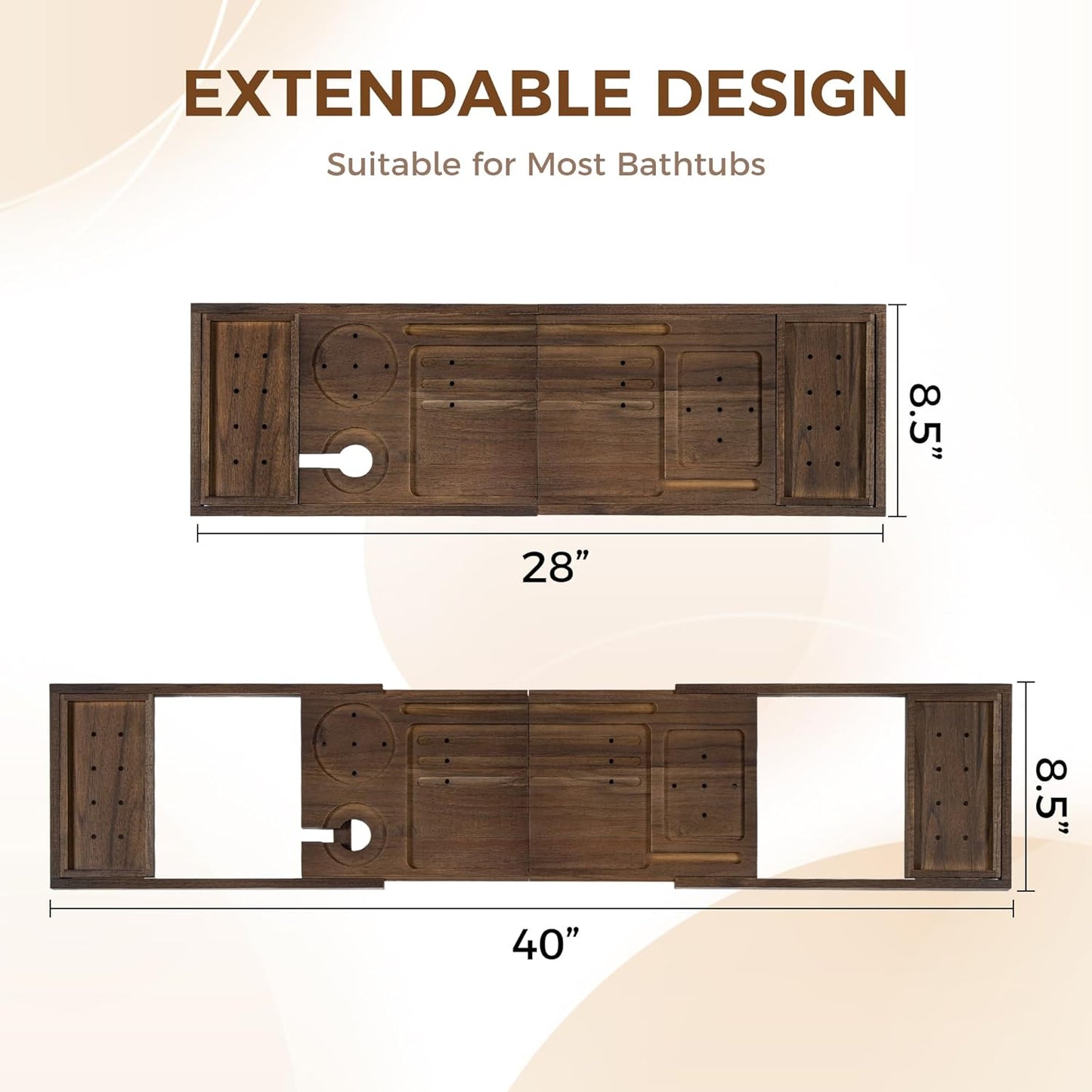 Teak Bathtub Tray - Luxury Bath Tray with Expandable Handles, Wine Glass and Phone Holders, Book Stand - Perfect for Home Spa Relaxation and Reading - Natural Bath Accessories - Dark Walnut Color