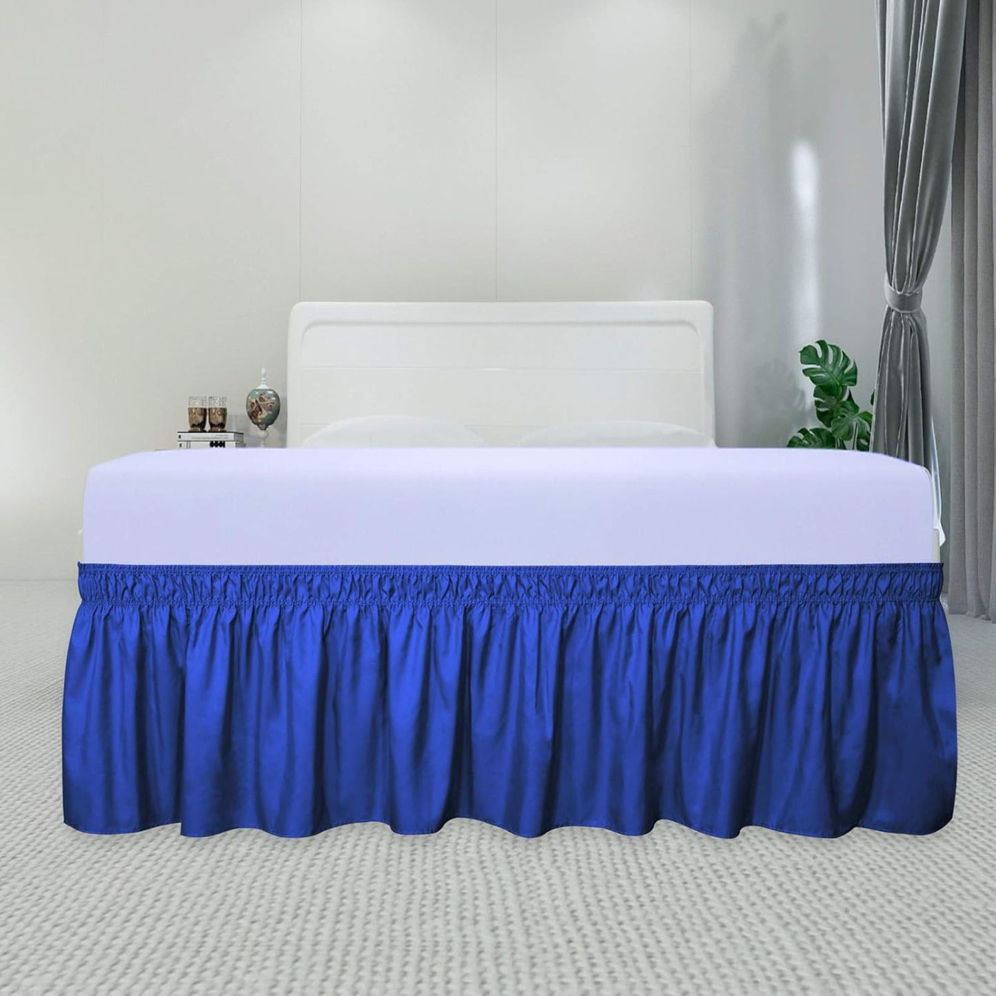 PureFit Wrap Around Ruffled Bed Skirt with Adjustable Elastic Belt - 14 Inch Drop Easy to Put On, Wrinkle Free Bedskirt Dust Ruffles, Bed Frame Cover for Queen, King and C-King Size Bed, Classic Blue
