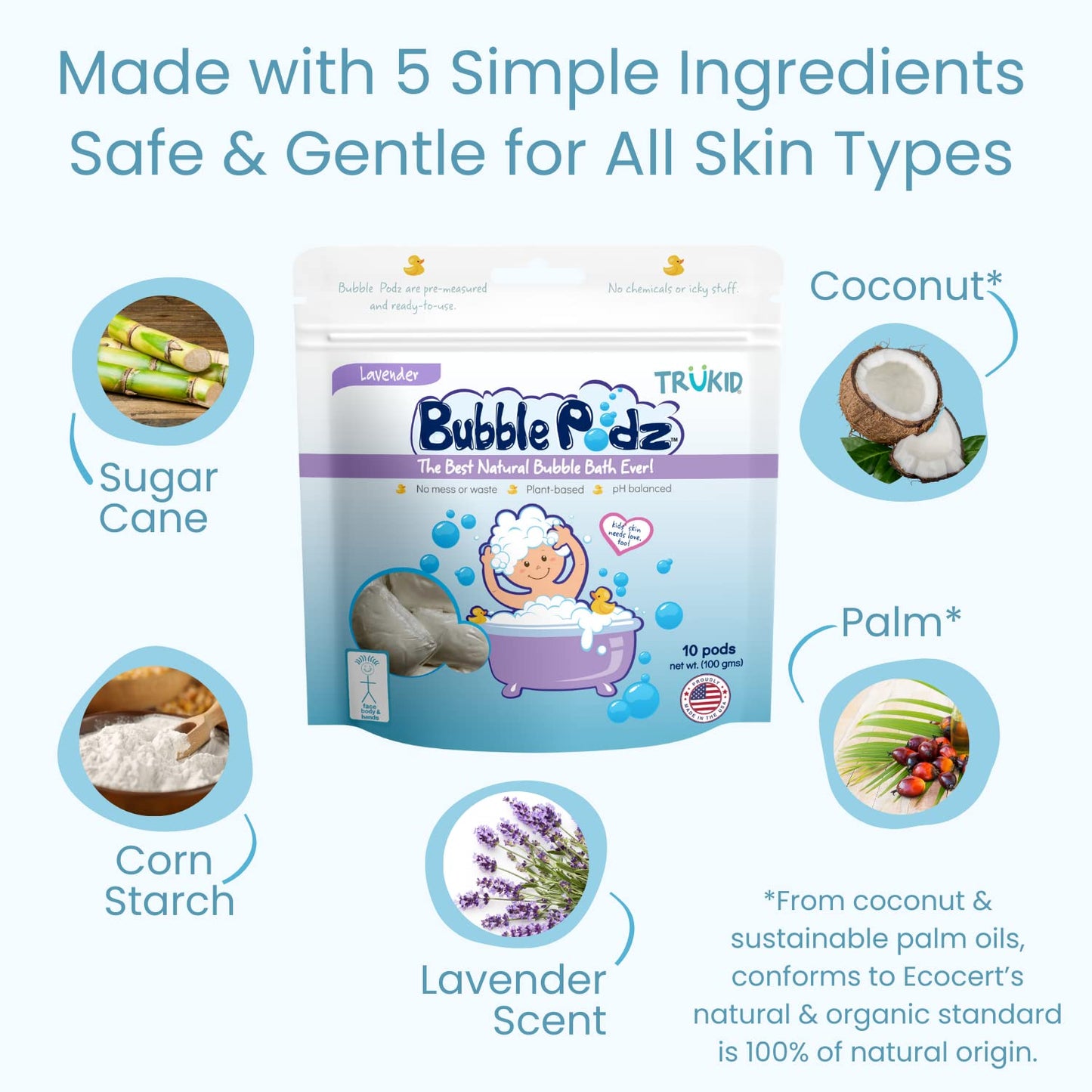 TruKid Bubble Podz Bubble Bath for Kids, Toddlers, & Babies, Tear Free Gentle & Refreshing Bath Bomb for Sensitive Skin with Natural Moisturizers, Non-Toxic, pH Balanced, Lavender Scent (60 Podz)