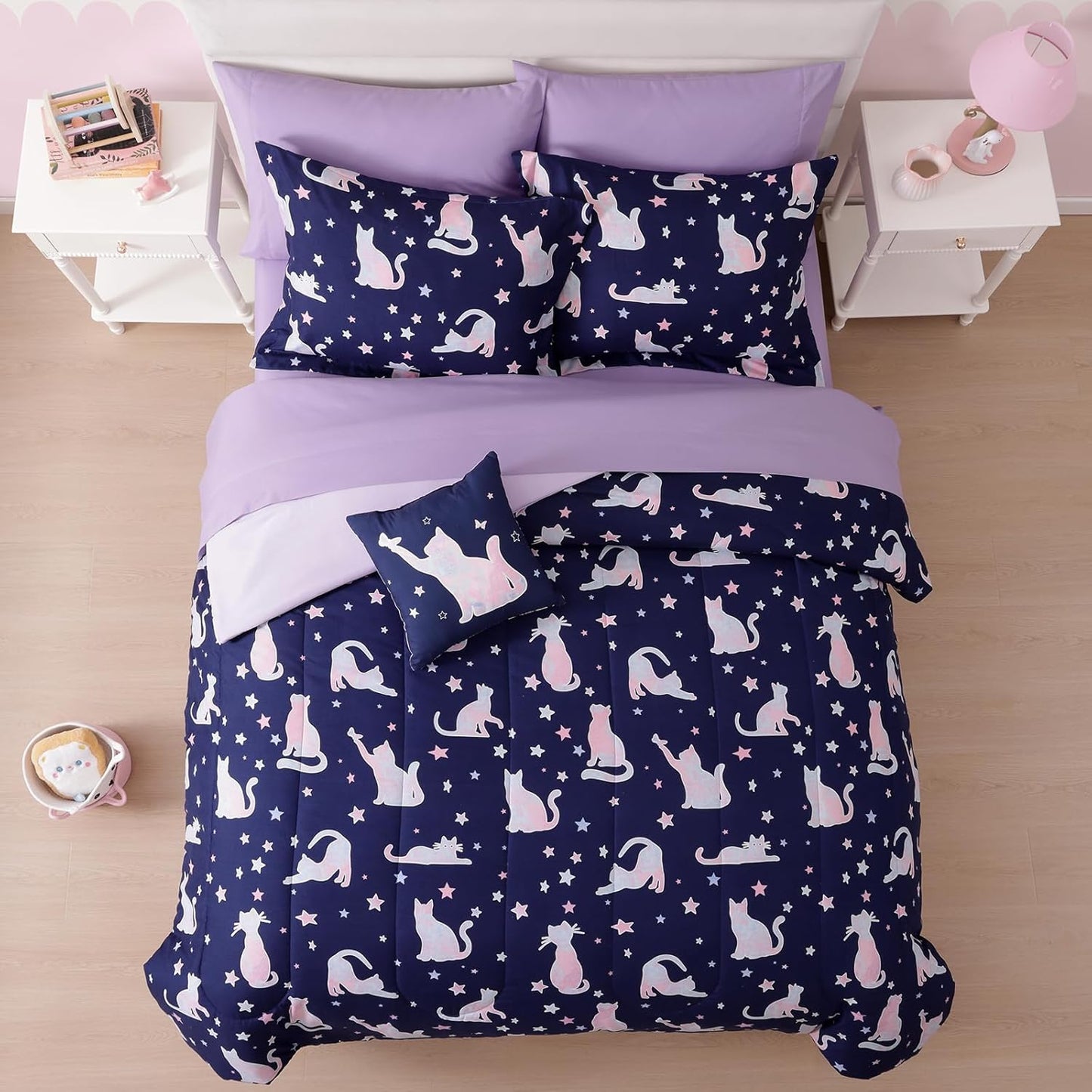 Twin Comforter Set for Girls-3 Pieces Cute Cat Twin Bedding Sets for Kids,1 Comforter,1 Sham and 1 Decor Pillow