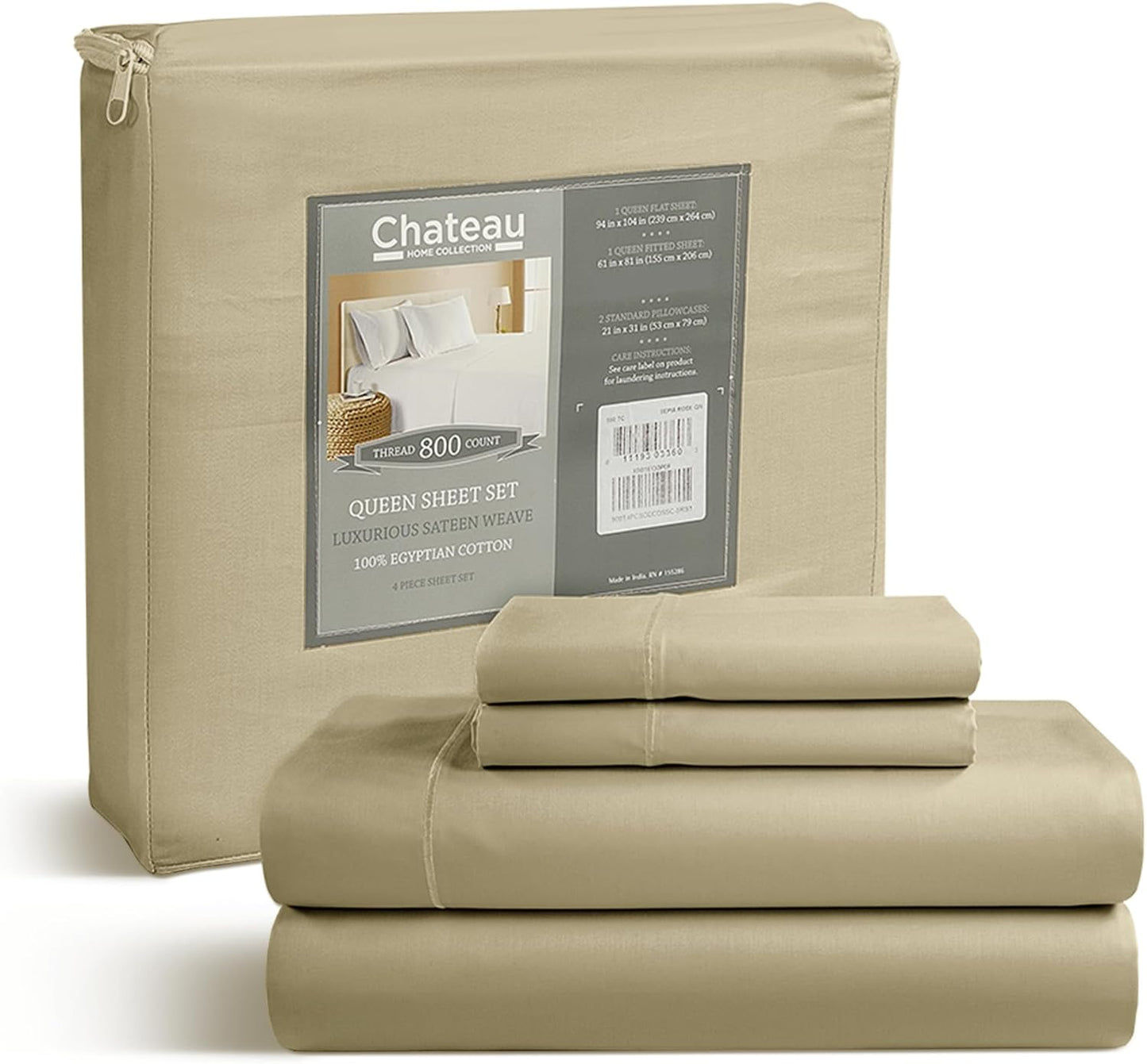 100% Egyptian Cotton Bed Sheets, Certified 800 Thread Count Deep Pocket Queen Sheets For Queen Size Bed Sheet & Pillowcase Sets, Soft & Comfy Naturally Cool Luxury Bedding, Fits upto 17"- Linen