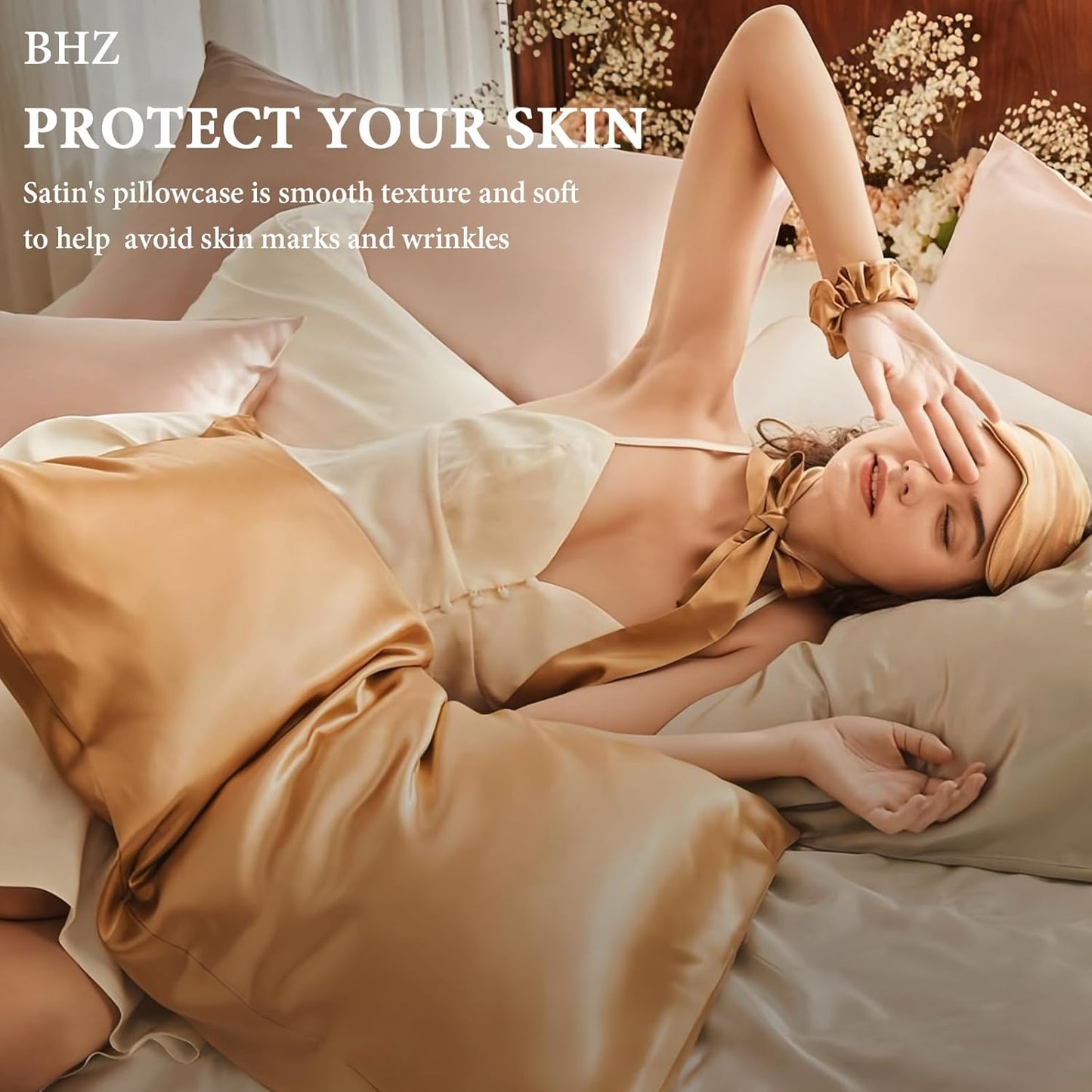 BHZ Satin Goose Down Feather Pillows King Size with White Satin Pillowcase for Hair and Skin, Cooling Pillow Cases Similar to Silk Pillow Cases, Decorative for Women, Mom Men