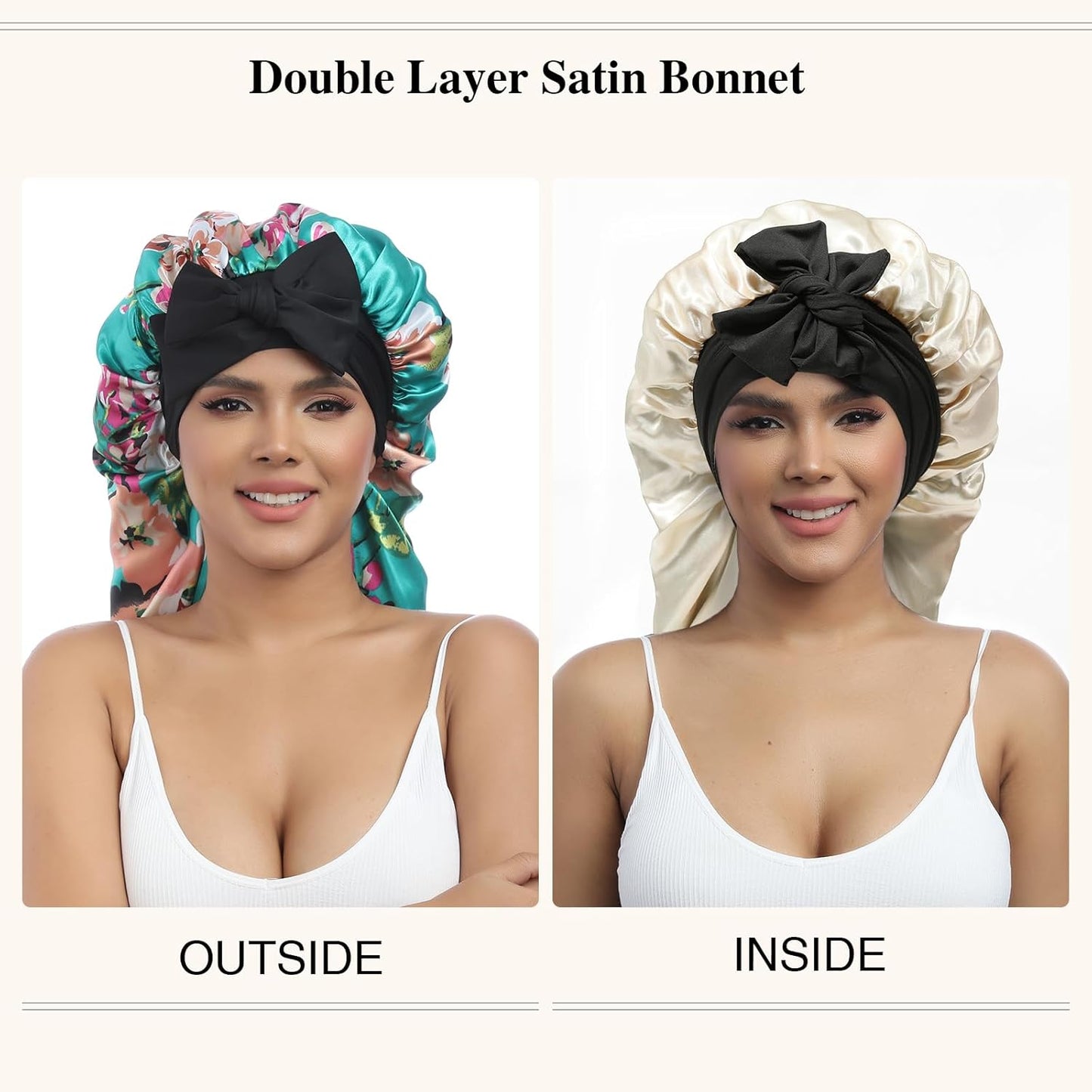 AWAYTR Long Satin Bonnet for Women - Double Layer Elastic Silk Bonnet for Braids Hair Sleeping Cap with Tie Band (Flower A)