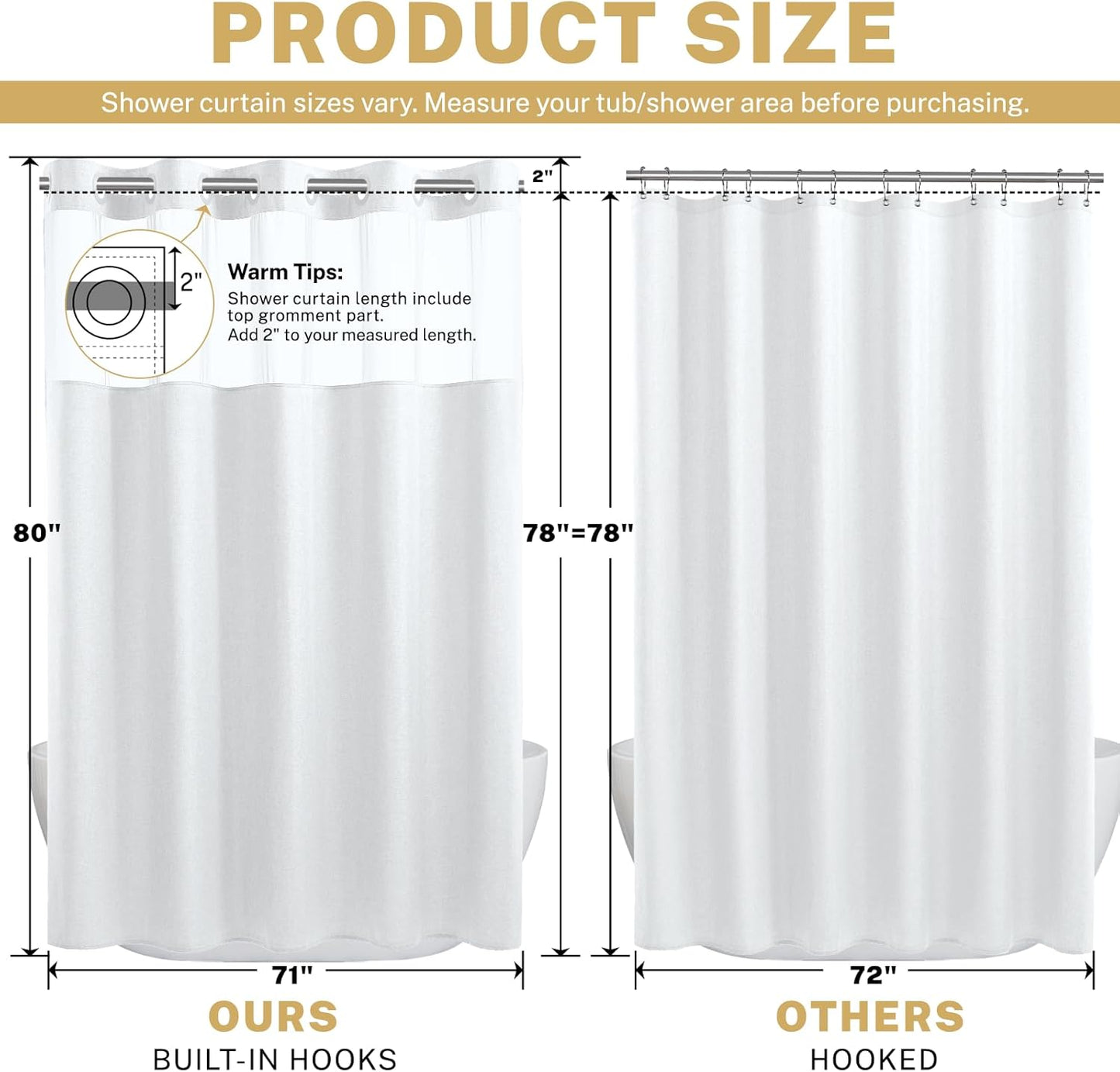 Long No Hook Shower Curtain with Snap in Liner, Polyester Textured Shower Curtain with Liner Set, Waterproof Washable Hotel Style Shower Curtains for Bathroom, 71Wx80H, White