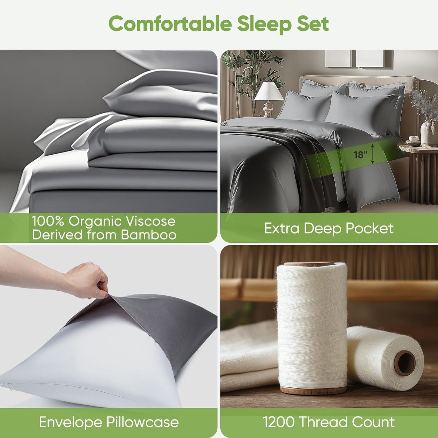 TWK Luxury Sheet Set, Genuine 100% Viscose Derived from Bamboo, Cooling & Breathable, Silky Soft, Bedding Sheets & Pillowcases(Gray, Queen(60 * 80 * 15))