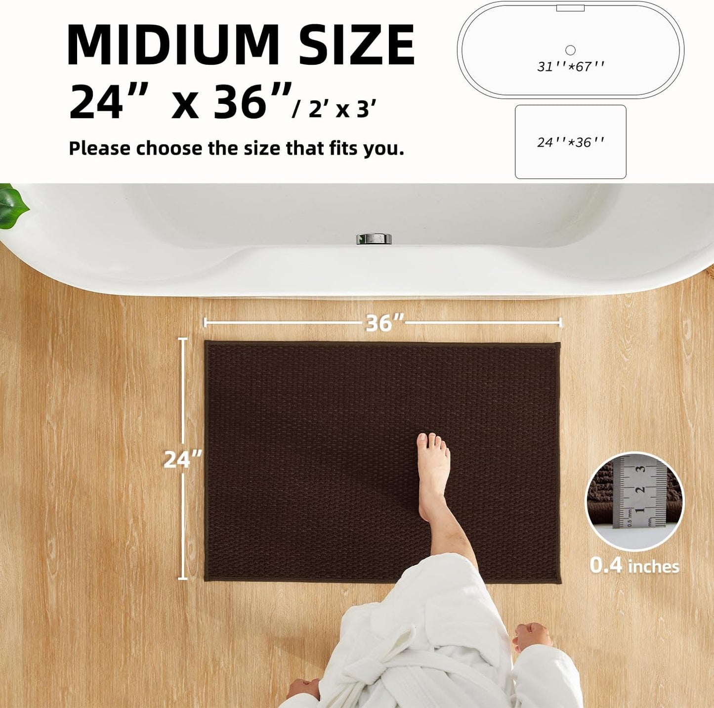 Bathroom Rugs Non Slip Washable, Super Absorbent Thin Bath Mat Quick Dry Low Pile Bathroom Rug, Brown 24"x36"