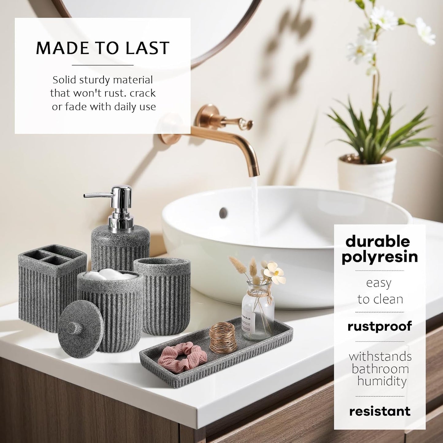 8-Piece Grey Bathroom Set - Resin Bathroom Accessories Sets Complete with Shower Curtain and Rugs, Soap Dispenser, Toothbrush Holder, Tumbler & Apothecary Jars