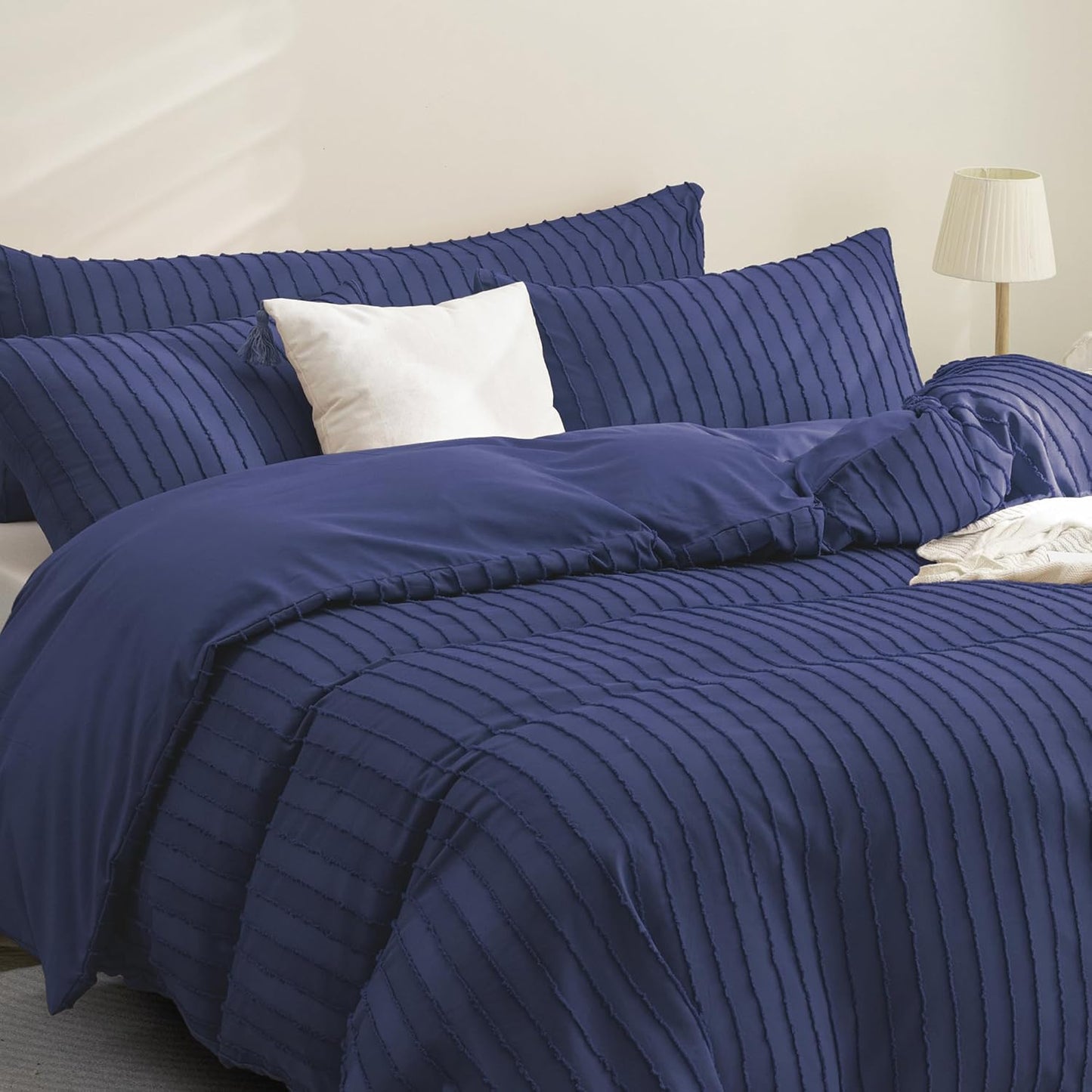 JELLYMONI Duvet Cover Twin Size Navy Blue - 3PCS Boho Striped Duvet Cover Set Polyester Tufted Bohemian Textured Comforter Cover 68×90in with Corner Ties & Zipper and 2 Pillowcases