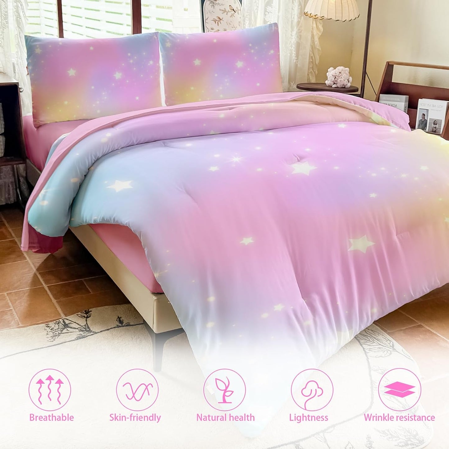 Rainbow Bedding Set Full Size – 5 Piece Reversible Girls Comforter with Deep-Pocket Sheet, Gradient Galaxy Design, Whole-Piece Filling, Machine Washable Bed-in-a-Bag for Kids Room Makeover & Gifts