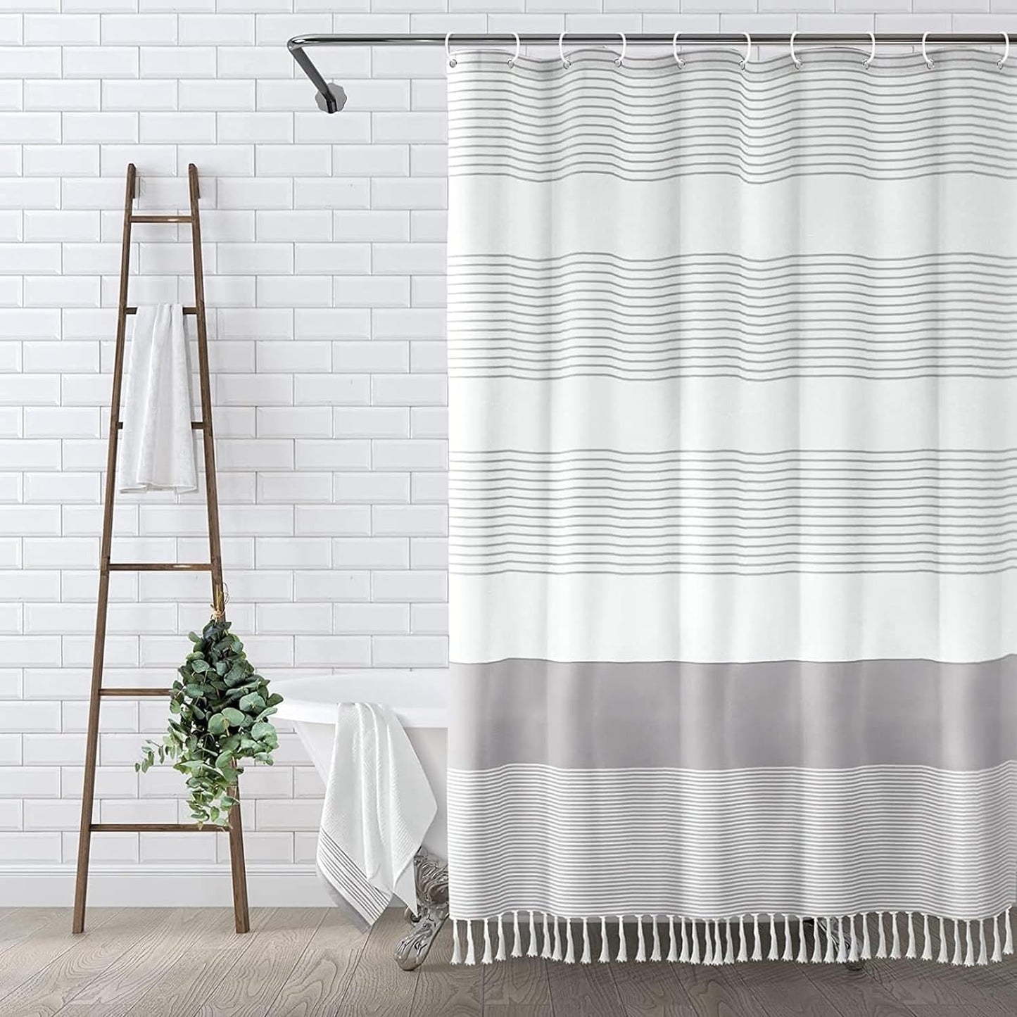 Awellife Boho Gray Shower Curtain for Bathroom Extra Long Stripe Tassel Shower Curtain 72 X 96 Inches