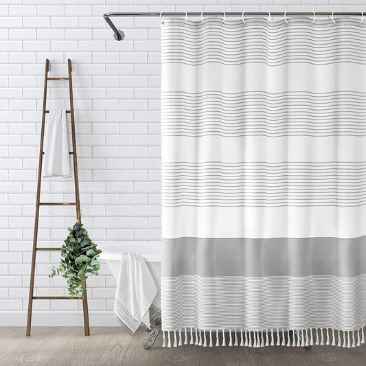 Awellife Boho Gray Shower Curtain for Bathroom Extra Long Stripe Tassel Shower Curtain 72 X 96 Inches