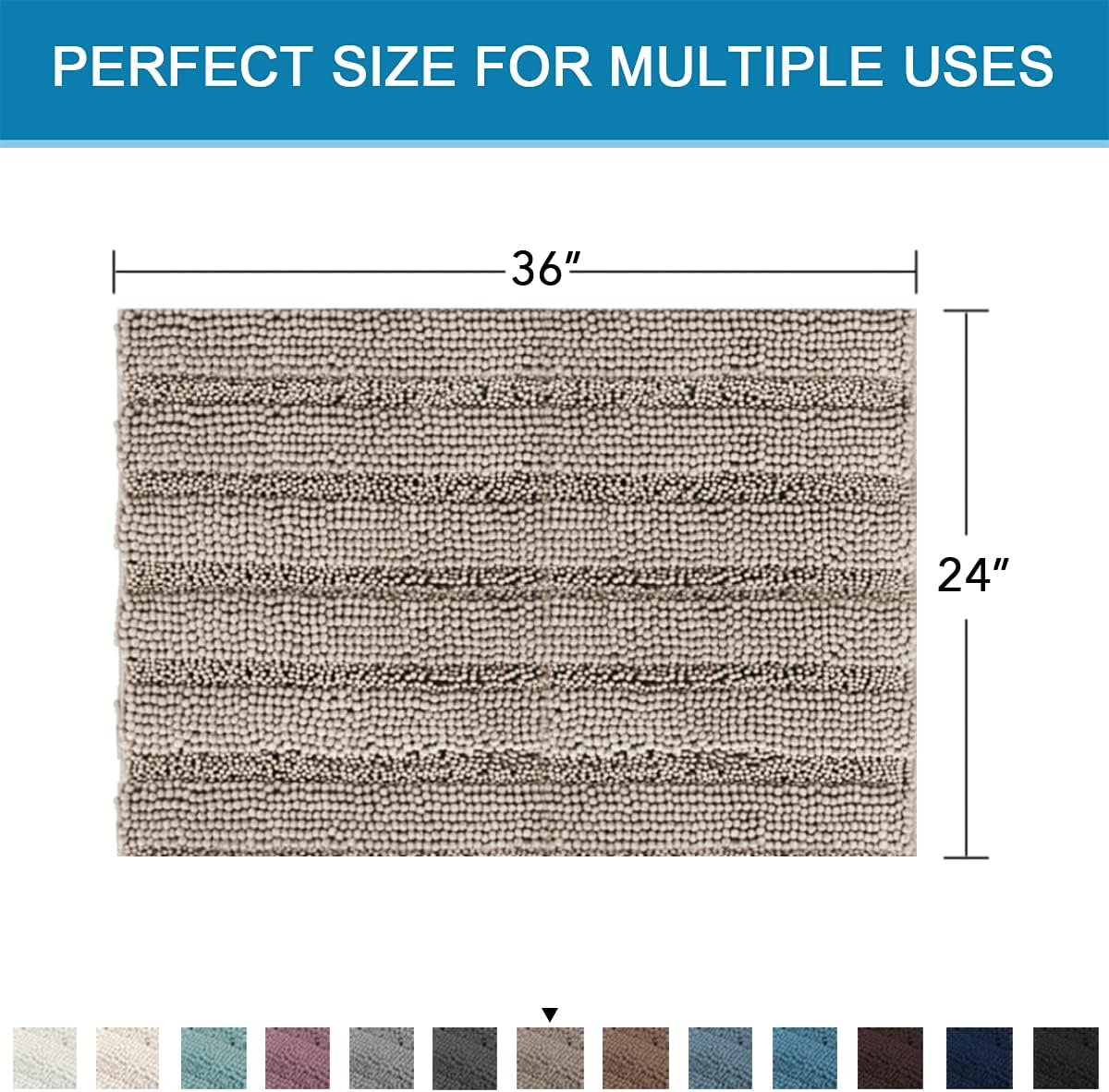 H.VERSAILTEX Bath Mats for Bathroom Non Slip Extra Thick Chenille Striped Bath Rug 24" x 36" Absorbent Non Skid Fluffy Soft Shaggy Rugs Washable Dry Fast Plush Mats for Indoor, Bath Room, Tub - Taupe