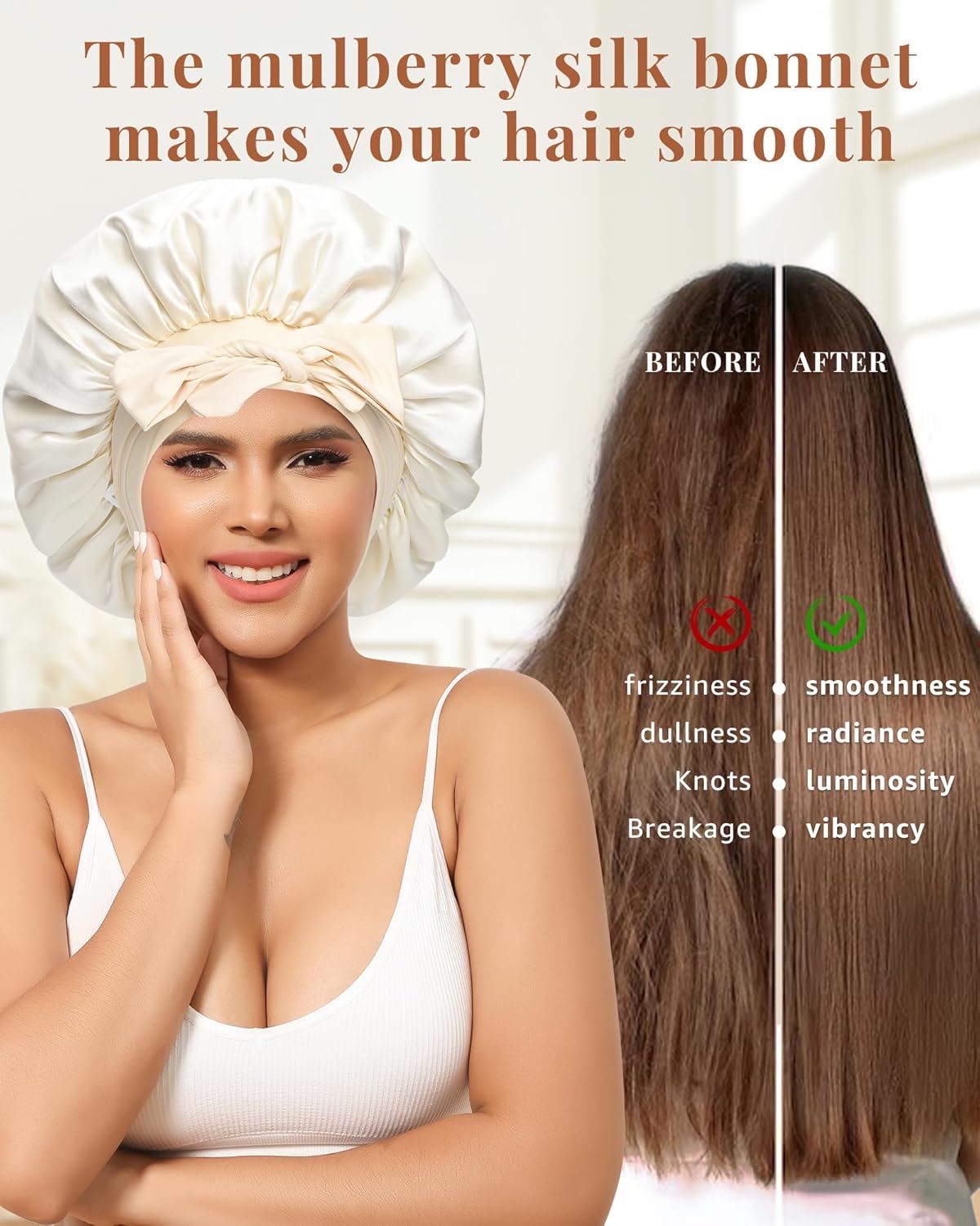 AWAYTR Silk Bonnet for Sleeping Women 100% Mulberry Silk Bonnet with Band 2 Layer Reversible Hair Bonnet Sleeping Hair Wrap (Champagne/Beige)