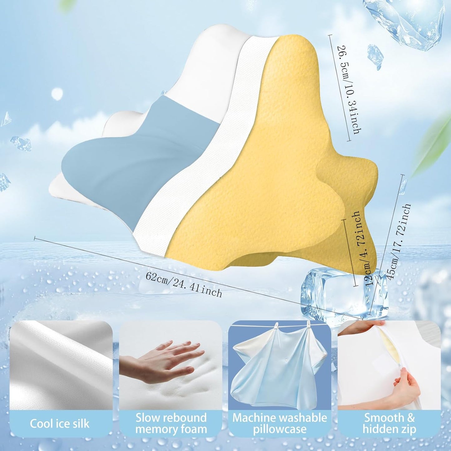 Memory Foam Neck Pillow for Neck and Shoulder Pain, Ergonomic Pillow for Back Side Stomach Sleepers, Cervical Neck Support Pillow, High Tail Versatile Pillow (Blue)