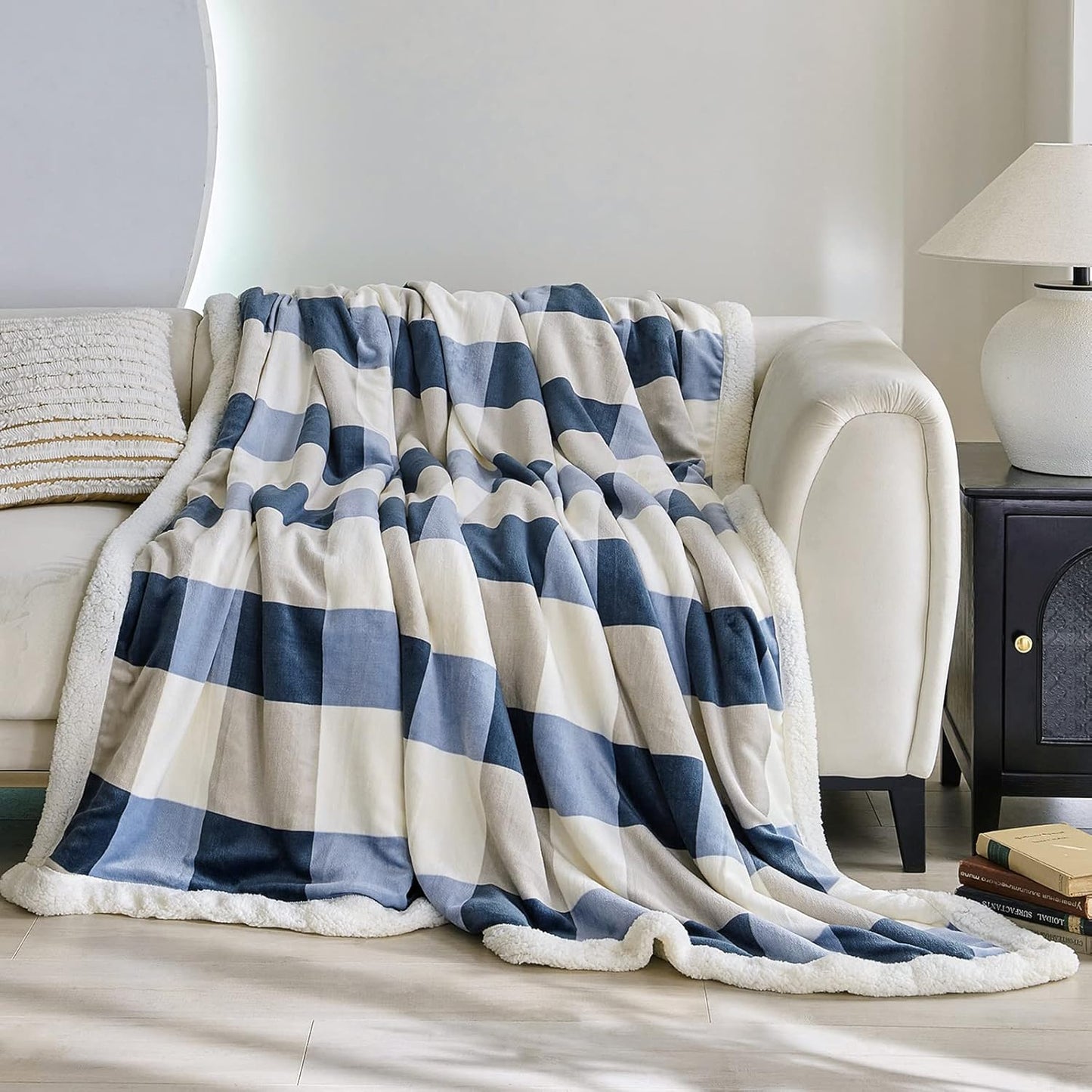 Blanket for Women, Sherpa Throw Blanket for Couch, Flannel Cozy Soft Blanket for Bed - Fleece, Gray-Soft Blue, 80x90 Inches