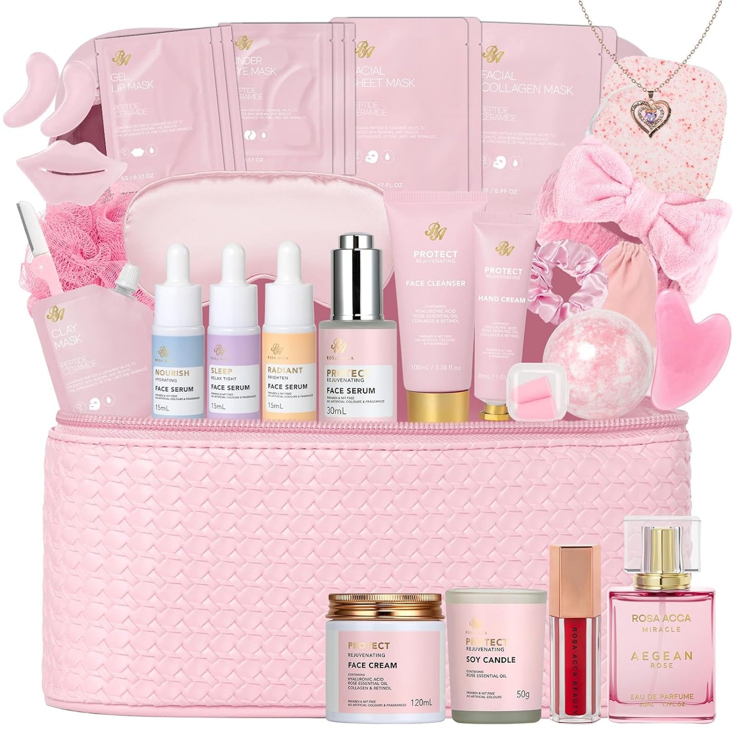 Rose Facial Skin Care Set, 33 Pcs Bath & Body Spa Basket for Women, Beauty Care Kit, Sheet Mask, Makeup Bag, Face Serum, Bath Bomb, Perfume, Christmas, Mother Day, Valentine's, Birthday, Baby Shower