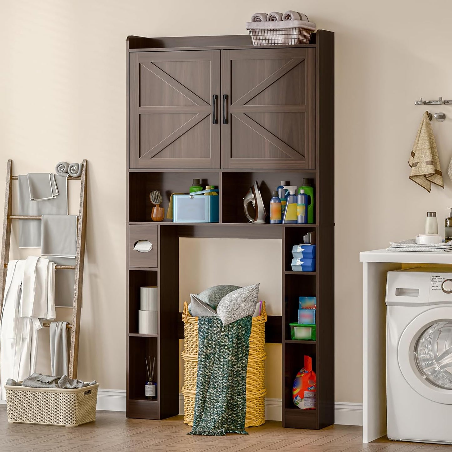 Over The Toilet Storage Cabinet, Farmhouse Toilet Cabinet Rack with Barn Doors, Space Saving Bathroom Organizer with Shelves, Toilet Paper Holder and Towel Rack for Bathroom,Restroom,Laundry,Espresso