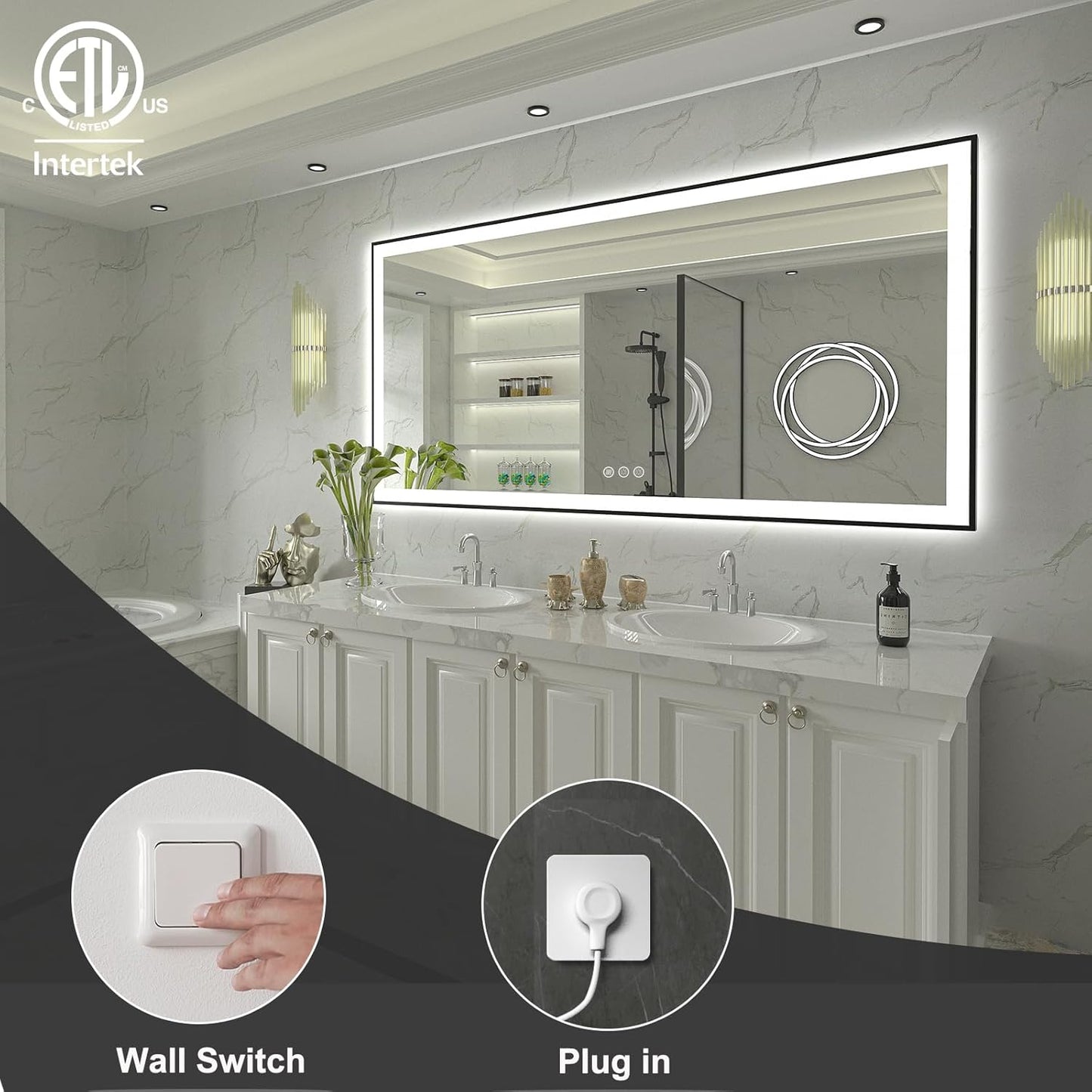 SMIROR 60x 40 Black Framed LED Bathroom Mirrors, Smart Vanity Mirrors with Lights, Front Lighted and Backlit, Dimmable, Anti-Fog, Shatterproof, ETL Listed (Horizontal/Vertical)