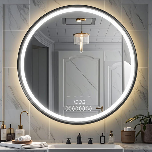 28 Inch Wall-Mounted Round Bathroom Mirror with LED-Lights - Frame Vanity Mirrors (28" x 28", Black)