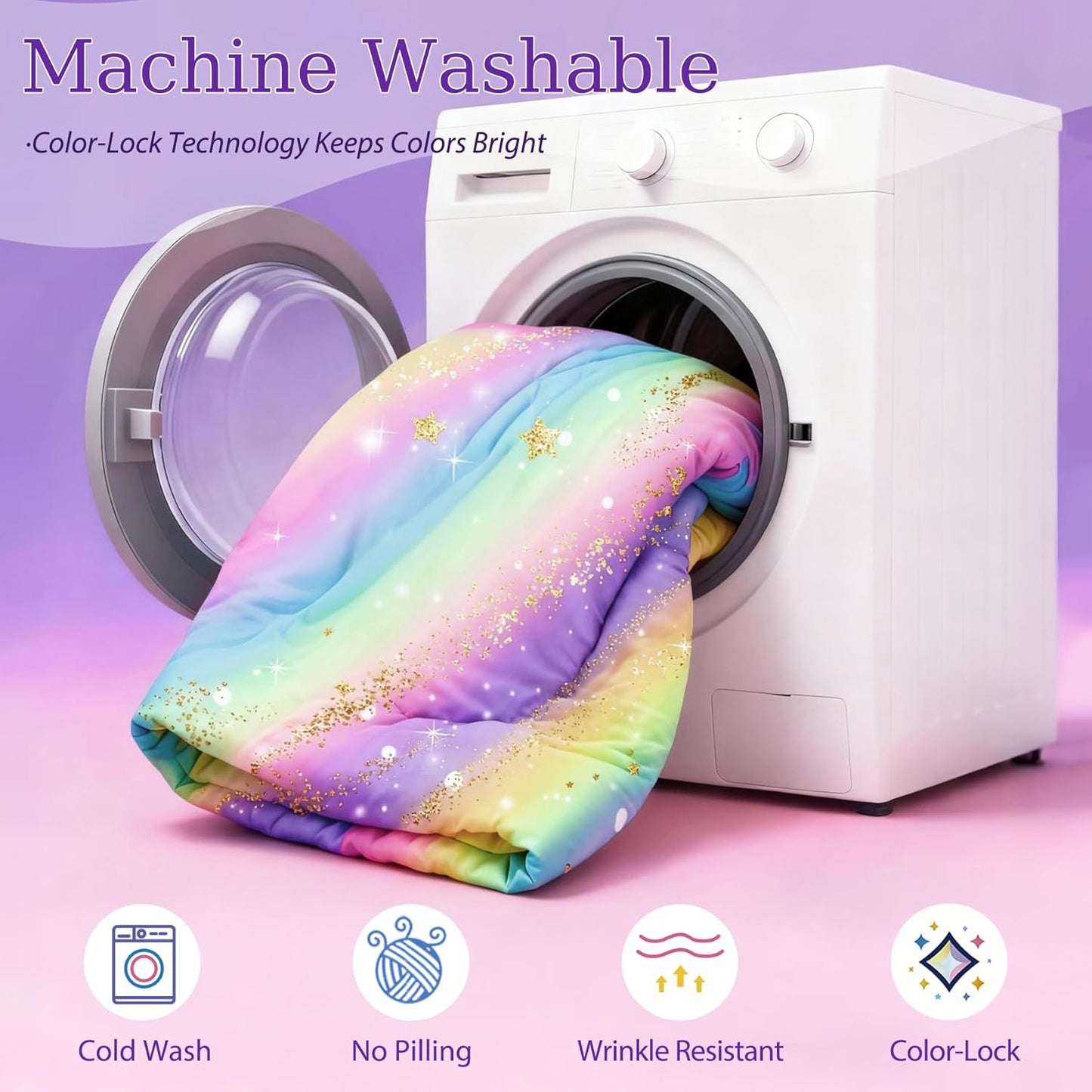 Rainbow Bedding Set Full Size – 6-Piece Reversible Girls Comforter with Deep-Pocket Sheet, Gradient Galaxy Design, Whole-Piece Filling, Machine Washable Bed-in-a-Bag for Kids Room Makeover & Gifts