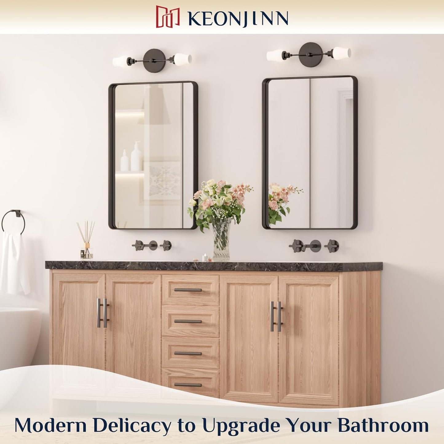 Keonjinn Black Bathroom Mirror, 20 x 30 Inch Rounded Rectangle Sandblasted Finish Bathroom Mirrors for Over Sink, Matte Black Farmhouse Mirror with Seamless Frame, HD Tempered Glass Vanity Mirror