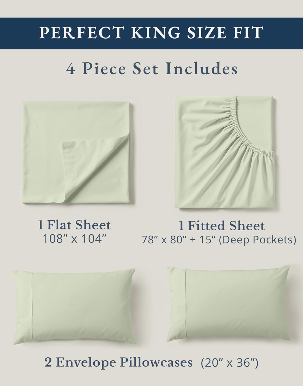 LANE LINEN 100% Organic Cotton King Bed Sheet Set, Bedsheets 4Pc Soft Cooling Fully Elasticized Mercerised All Season Sustainably Produced Cotton Sheets King Size, Oeko Tex Sheets - Mineral
