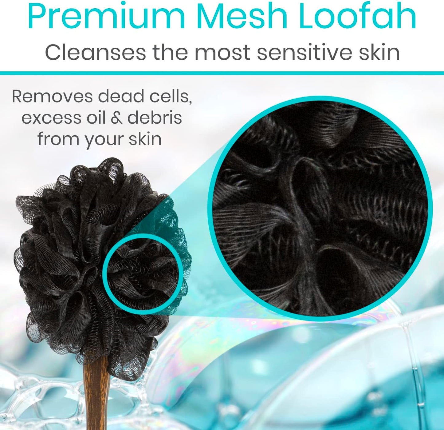 Vive 17” Shower Loofah with Long Handle - Exfoliating Back & Body Scrubber for Men & Women - Luffa Sponge on a Stick for Bathing, Cleaning - Includes Extra Handheld Lufa, Hook & String to Hang on Wall