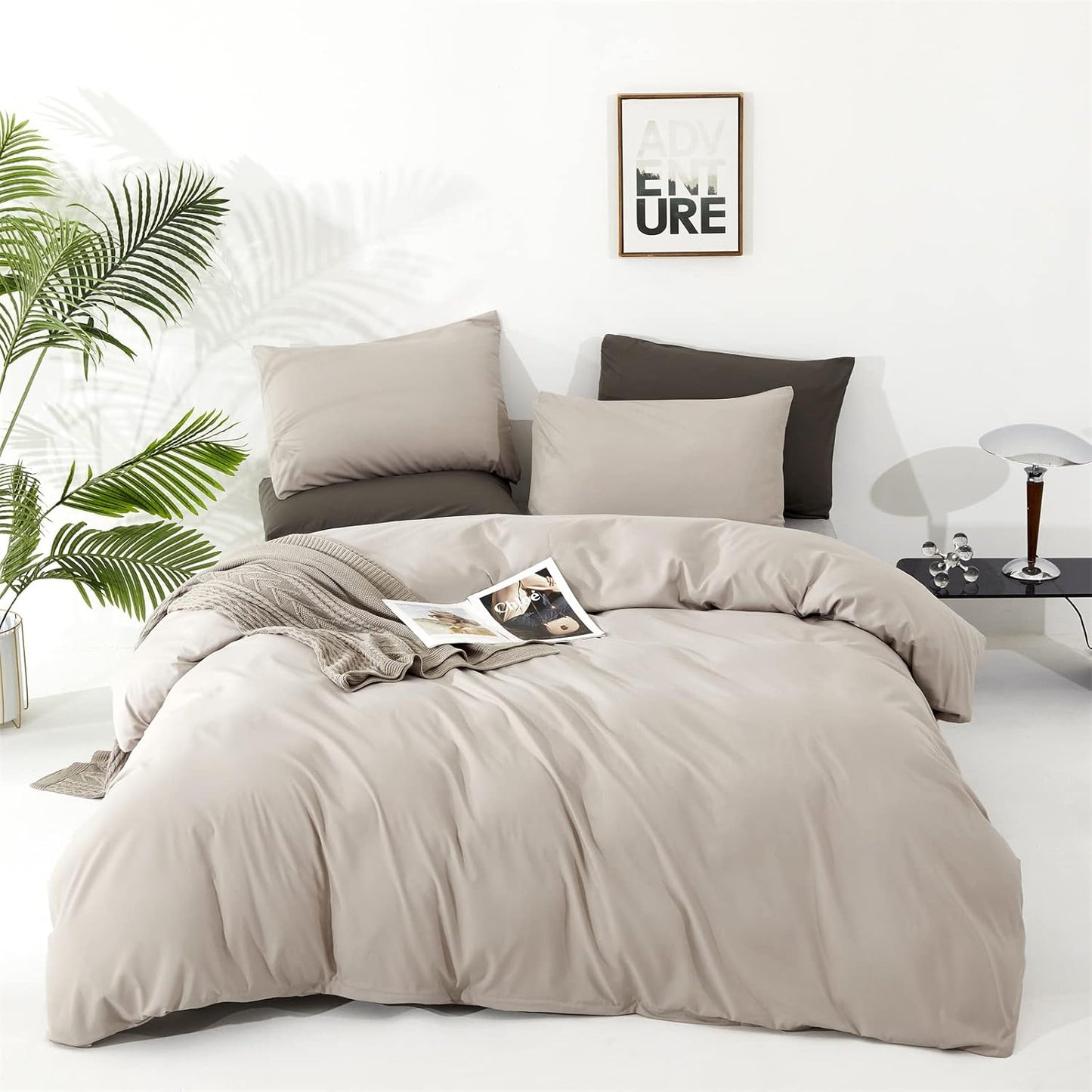 KAREVER Beige Khaki Comforter Set Queen Size Cream Khaki Bedding Set Women 3 Pieces Champagne Queen Taupe Bed Blanket Set All Season Gift