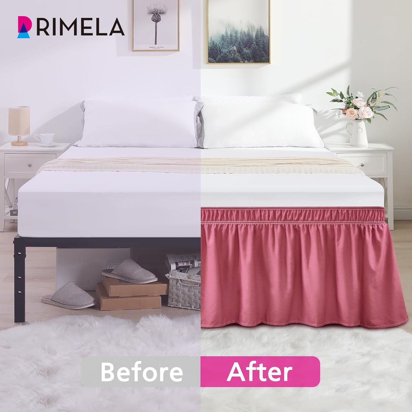 RIMELA Dusty Red Bed Skirt Queen Size 15 Inch Drop, Wrap Around Elastic Bedskirt, Dust Ruffle for Adjustable Bed Base Machine Washable Easy to Install Bed Skirts