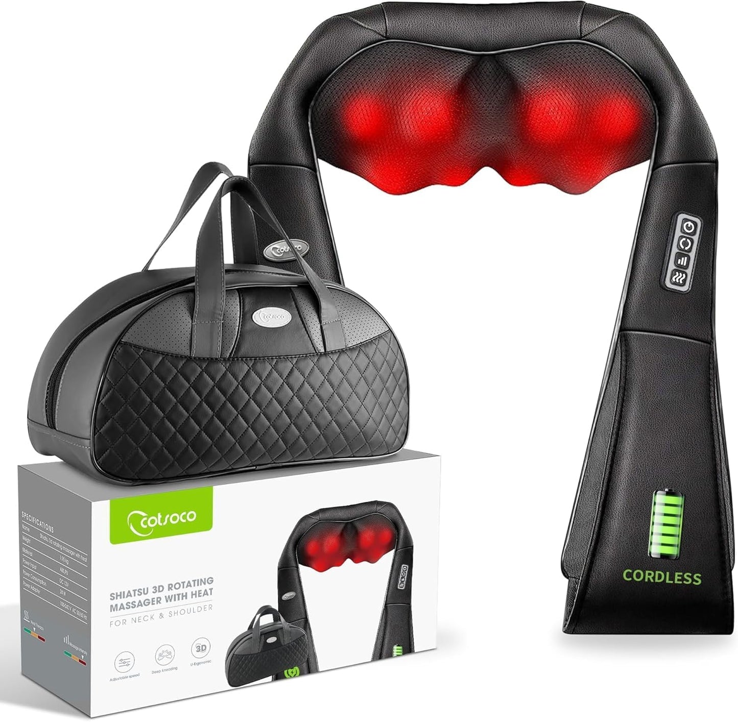 cotsoco Cordless Shiatsu Neck and Shoulder Massager with Heat,Portable Massagers for Neck and Back,3D Deep Tissue Kneading Back Massager for Muscle Pain Relief,Perfect Gifts for Men and Woman
