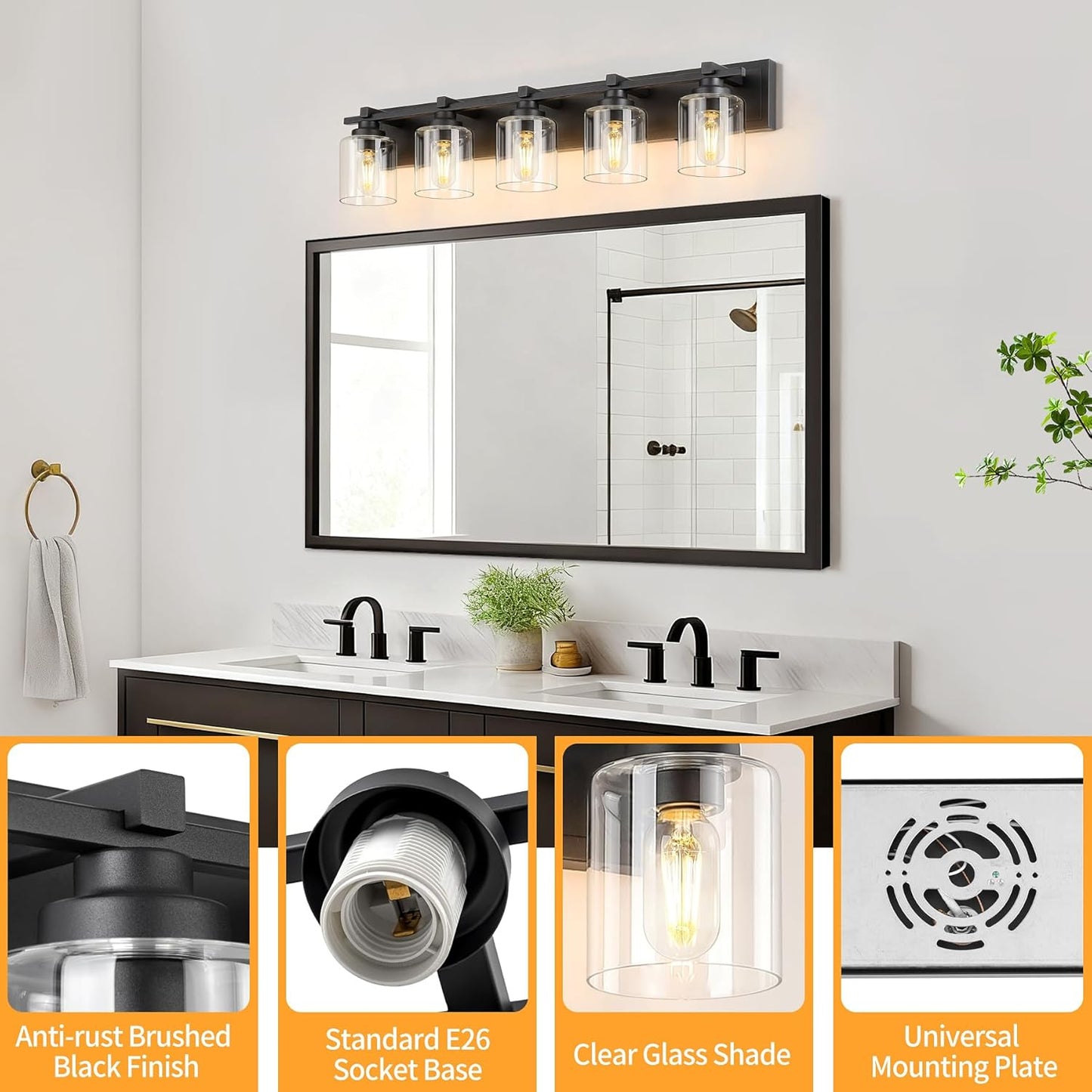5 Light Modern Bathroom Light Fixtures Over Mirror, Black Vanity Lights for Bathroom Wall Sconces with Clear Glass Shades, E26 Socket (Bulbs Not Included)